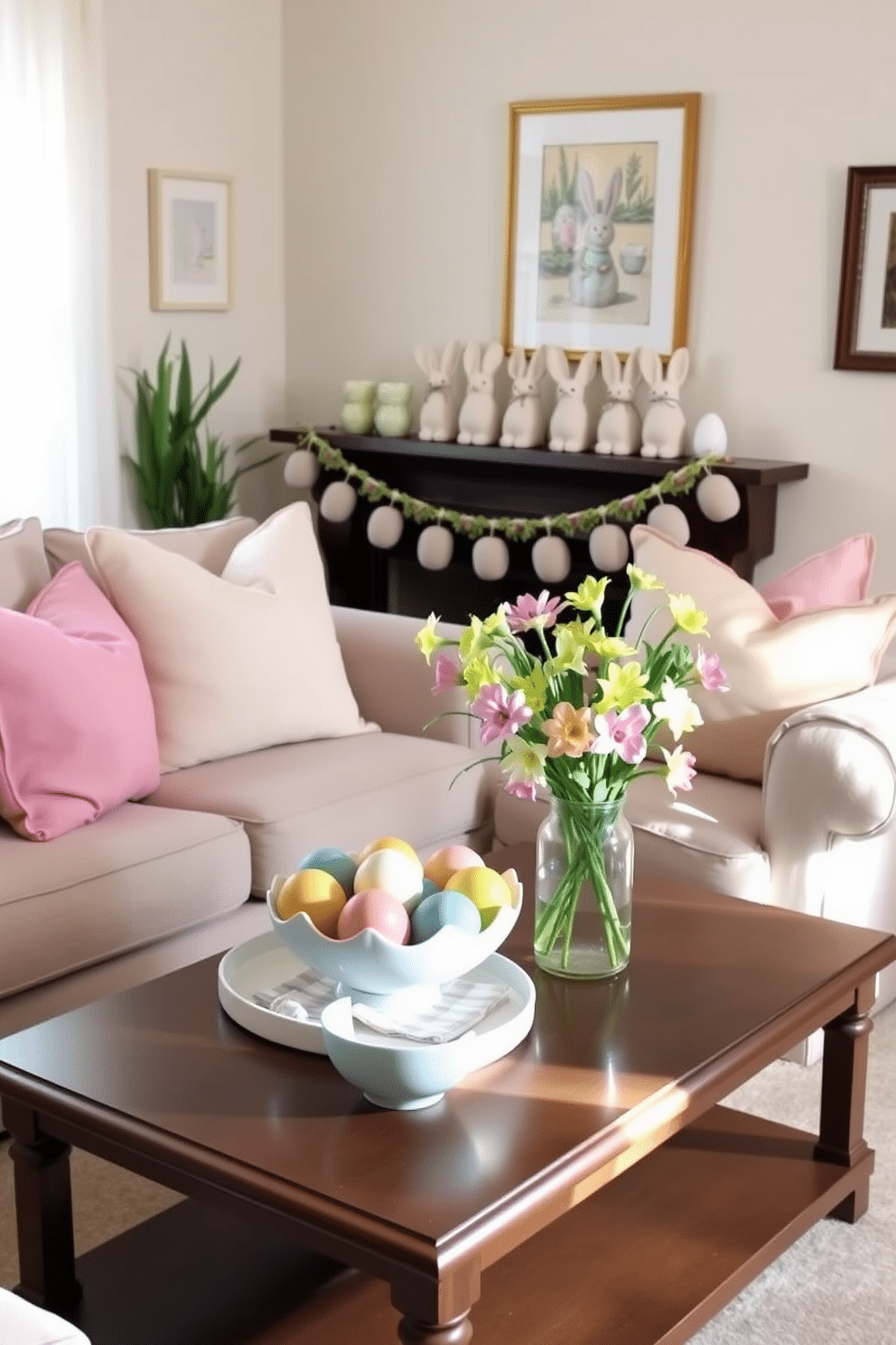 A charming small living room decorated for Easter features a cozy sofa adorned with pastel-colored throw pillows. On the coffee table, a collection of decorative Easter egg bowls in vibrant hues is artfully arranged, surrounded by fresh spring flowers in a glass vase. The walls are adorned with subtle Easter-themed artwork, and a cheerful garland of fabric bunnies hangs above the mantel. Soft, natural light filters through sheer curtains, creating a warm and inviting atmosphere perfect for celebrating the holiday.