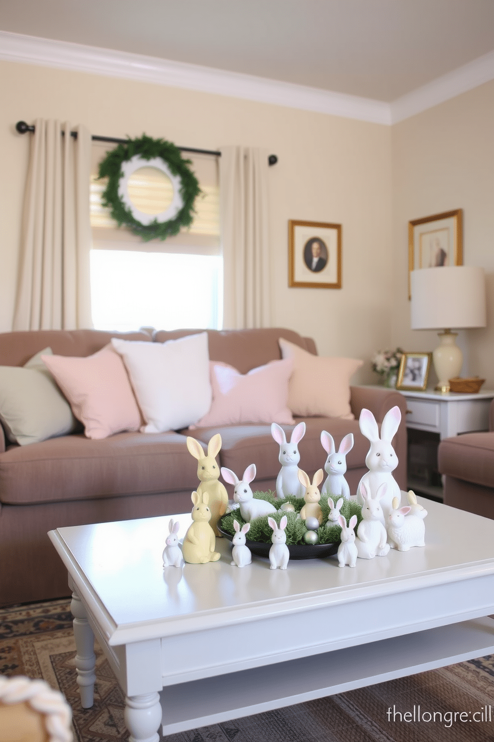 A charming small living room decorated for Easter features a coffee table adorned with an assortment of whimsical bunny figurines in various sizes and colors. The soft pastel hues of the decor complement the cozy seating area, creating a warm and inviting atmosphere perfect for the holiday.