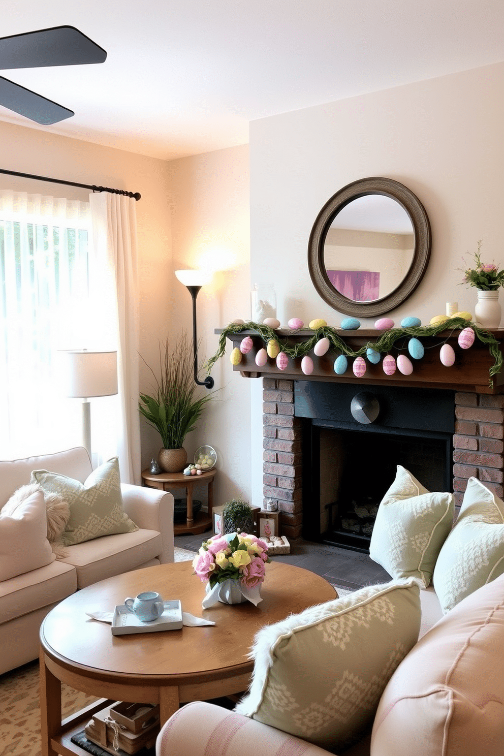 A cozy living room featuring a rustic mantel adorned with a colorful Easter egg garland, showcasing pastel hues of pink, blue, and yellow. The mantel is complemented by soft, warm lighting from a nearby lamp, creating an inviting atmosphere for spring celebrations. The room is filled with cheerful decorations, including a small coffee table with a floral centerpiece and plush throw pillows in seasonal colors on the sofa. A light, airy feel is enhanced by sheer curtains that gently filter sunlight, illuminating the space with a fresh, festive vibe.