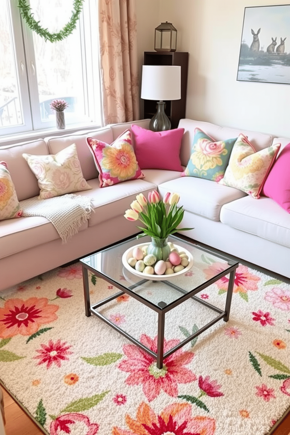 A cozy small living room adorned with a spring-themed area rug featuring pastel floral patterns. The space includes a light-colored sofa, accented with vibrant cushions, and a coffee table topped with decorative Easter eggs and fresh tulips in a vase.