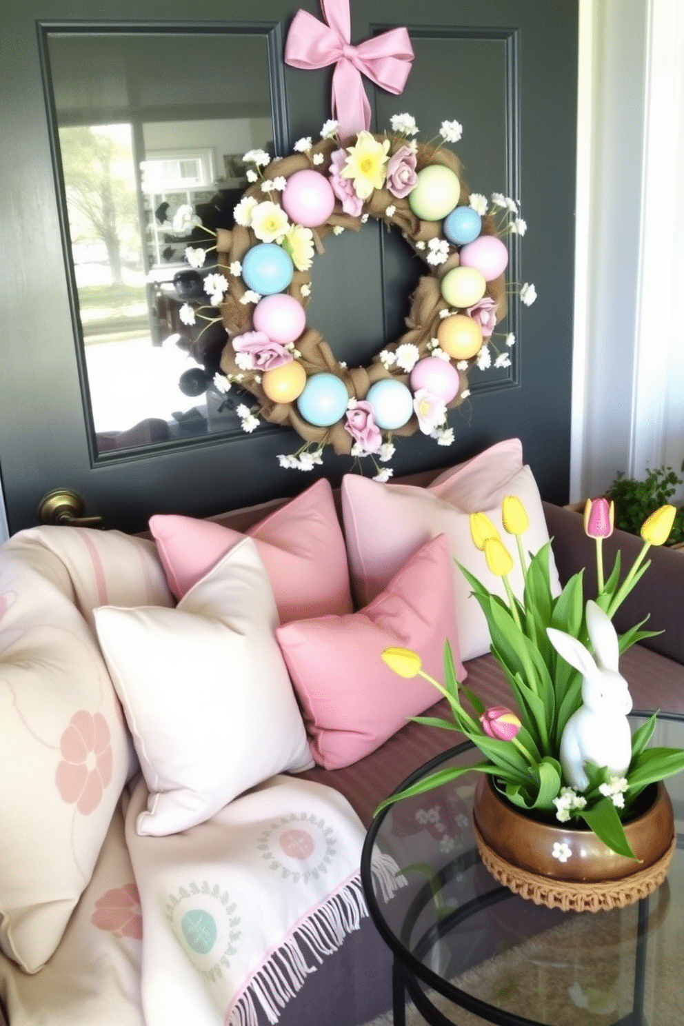 A vibrant decorative Easter wreath adorned with pastel-colored eggs and delicate flowers hangs on the front door, welcoming guests with a cheerful touch. Inside the small living room, a cozy arrangement of pastel throw pillows and a soft, spring-themed blanket drapes over the sofa, complemented by a festive table centerpiece featuring a bunny figurine and fresh tulips.