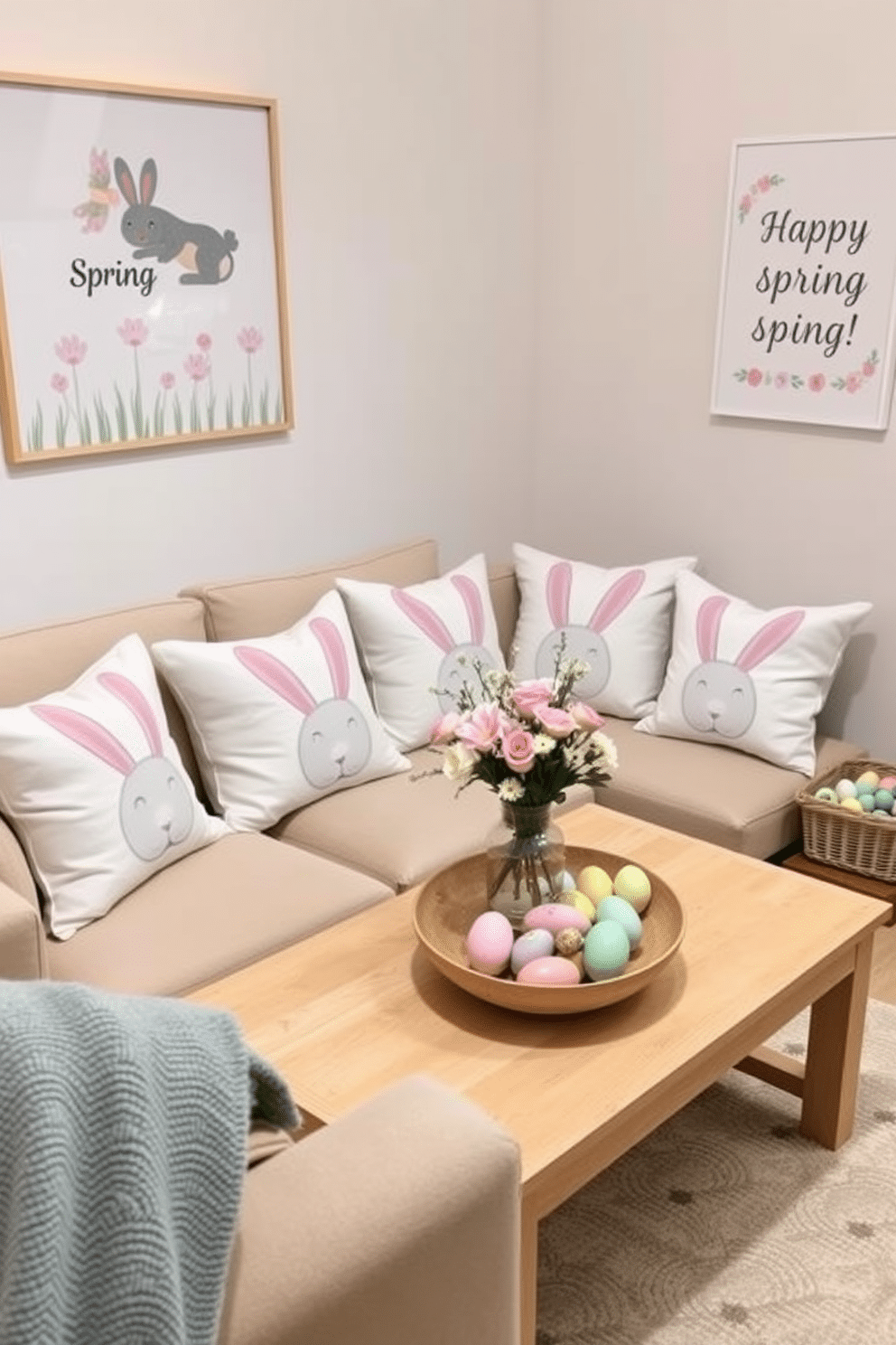 Easter-themed cushion covers adorn a cozy small living room, featuring pastel colors and whimsical patterns of bunnies and eggs. The cushions are arranged on a plush, neutral-colored sofa, complementing a light wood coffee table adorned with a delicate floral centerpiece. On the walls, cheerful spring-themed artwork adds a festive touch, while soft, ambient lighting creates a warm and inviting atmosphere. A small, decorative Easter basket filled with colorful eggs sits in the corner, enhancing the playful decor of the space.