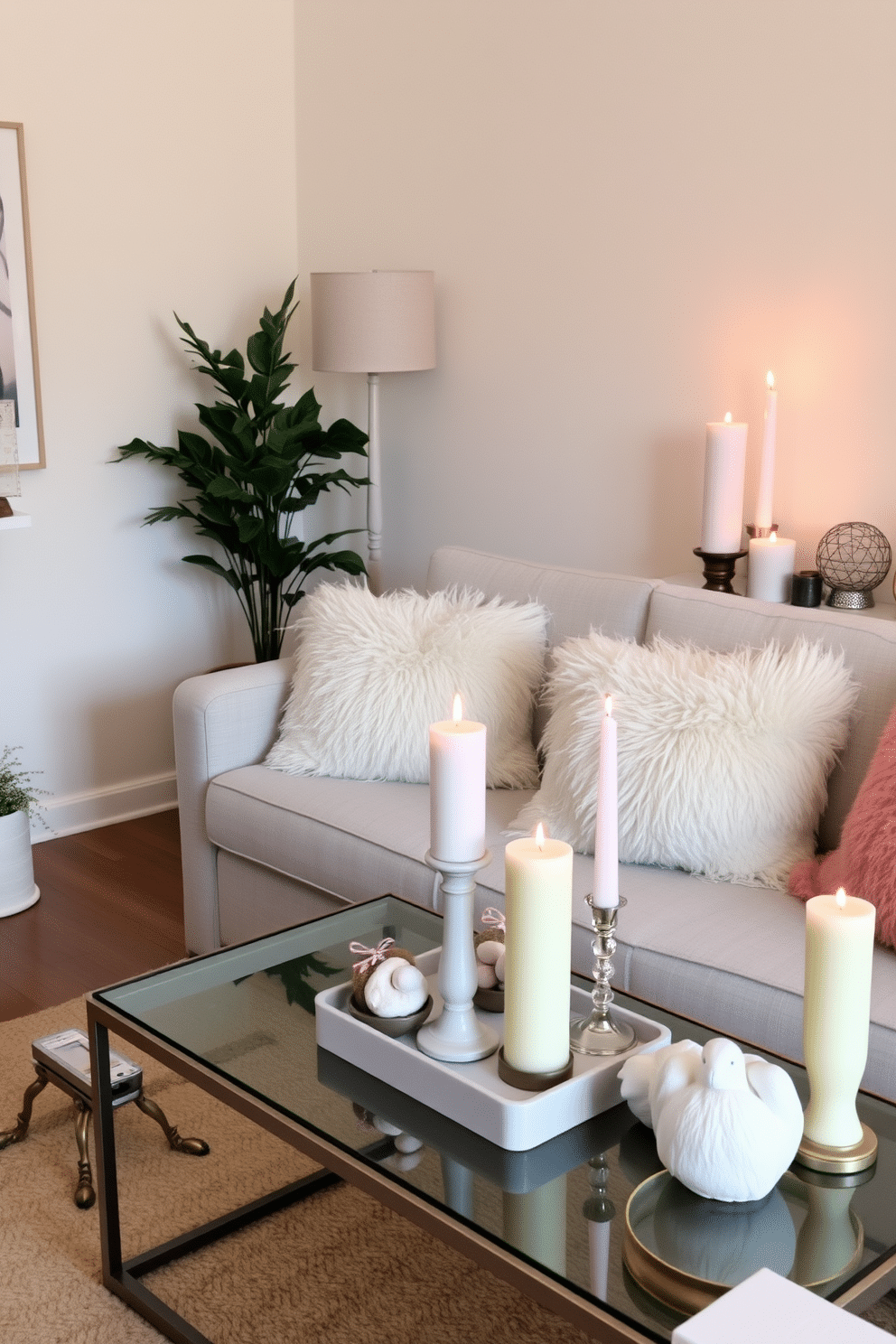 A cozy small living room adorned with pastel-colored candles in various heights and shapes, placed on a stylish coffee table. Soft, fluffy cushions in complementary pastel shades are arranged on a light gray sofa, creating a welcoming atmosphere perfect for Easter celebrations.