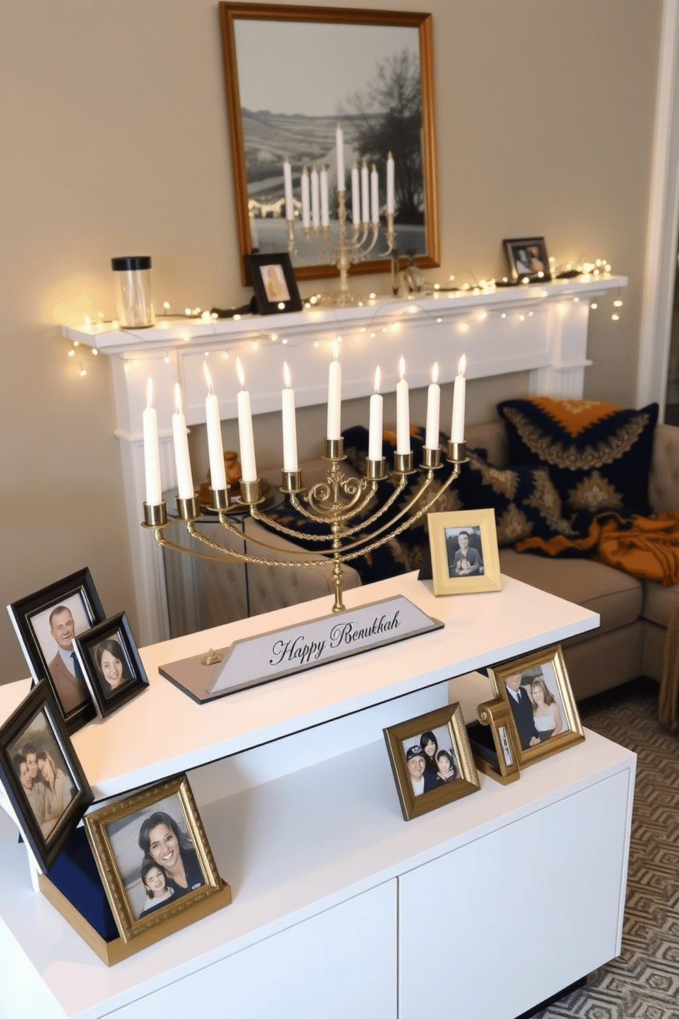 A personalized family menorah display sits prominently on a sleek, modern console table. The menorah is adorned with unique handcrafted elements, surrounded by festive candles and a collection of family photos in elegant frames. In the small living room, cozy throw blankets in rich blues and golds drape over a plush sofa. Twinkling fairy lights are strung across the mantel, complementing the warm glow of the menorah and creating a welcoming atmosphere for Hanukkah celebrations.