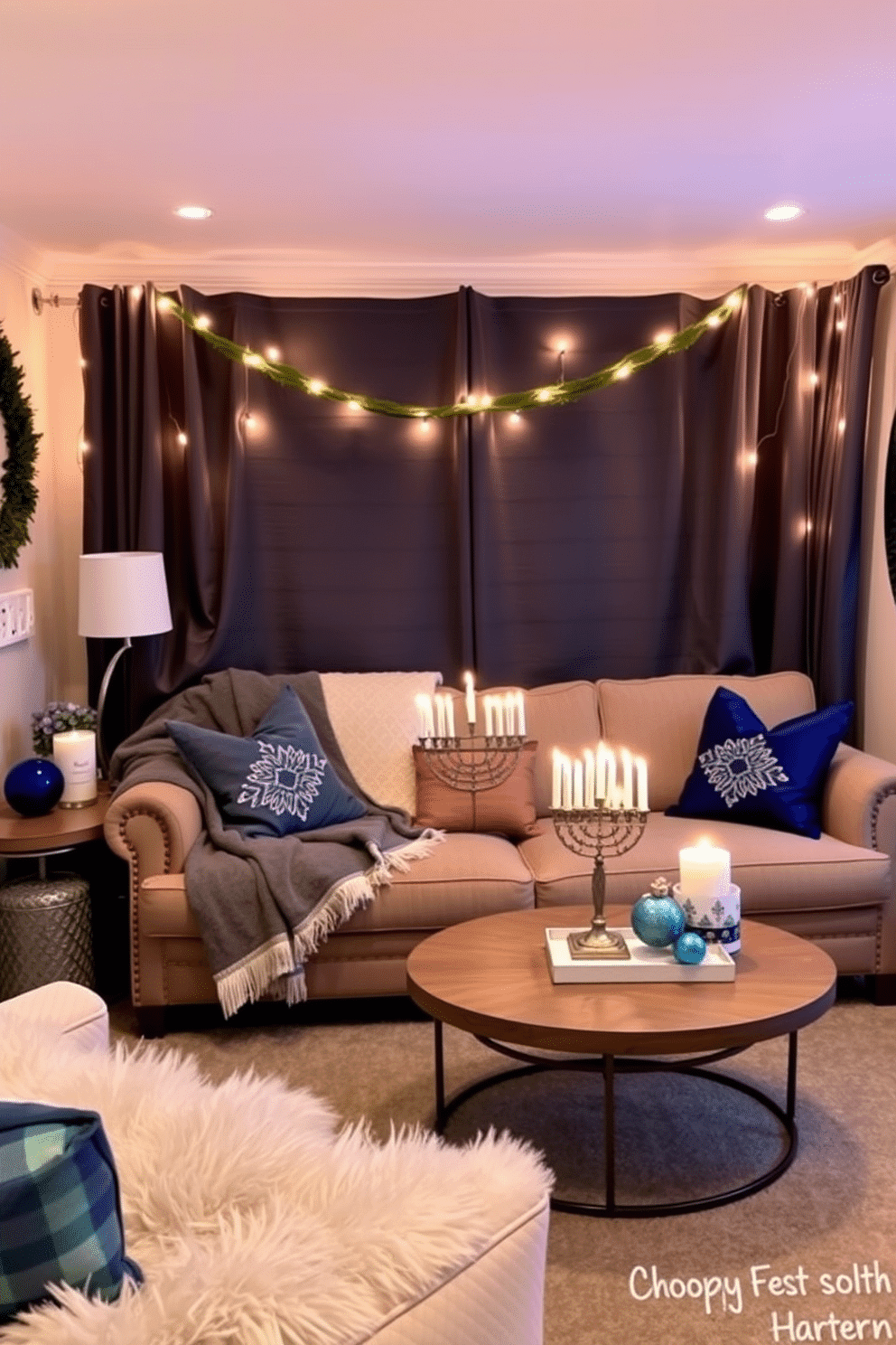 A small living room designed for Hanukkah, featuring layered textures with cozy blankets draped over a plush sofa. The space is adorned with warm, ambient lighting, and decorative elements such as a menorah on the coffee table and festive blue and silver accents throughout.