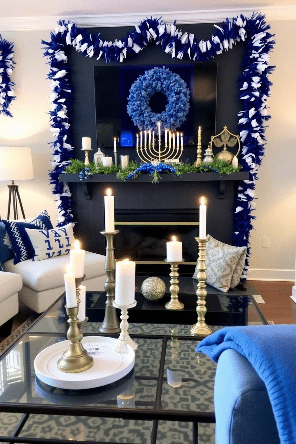 A cozy small living room adorned for Hanukkah, featuring a collection of candles in decorative holders placed on a stylish coffee table. The walls are draped with blue and white garlands, and a menorah sits prominently on the mantle, surrounded by festive decorations.