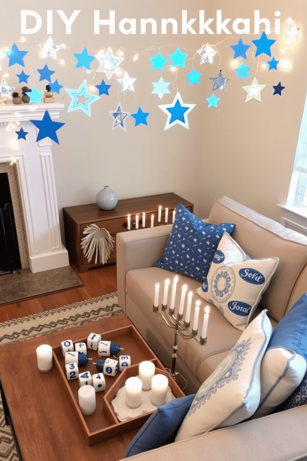 A charming DIY Hanukkah garland featuring star-shaped cutouts in various shades of blue and silver, strung together with twinkling fairy lights. The garland gracefully drapes across a mantelpiece, adding a festive touch to the room. In a cozy small living room, a beautifully arranged menorah sits on a coffee table, surrounded by decorative dreidels and candles. Soft blue and white throw pillows adorn a neutral sofa, complementing the overall Hanukkah theme while maintaining a warm and inviting atmosphere.