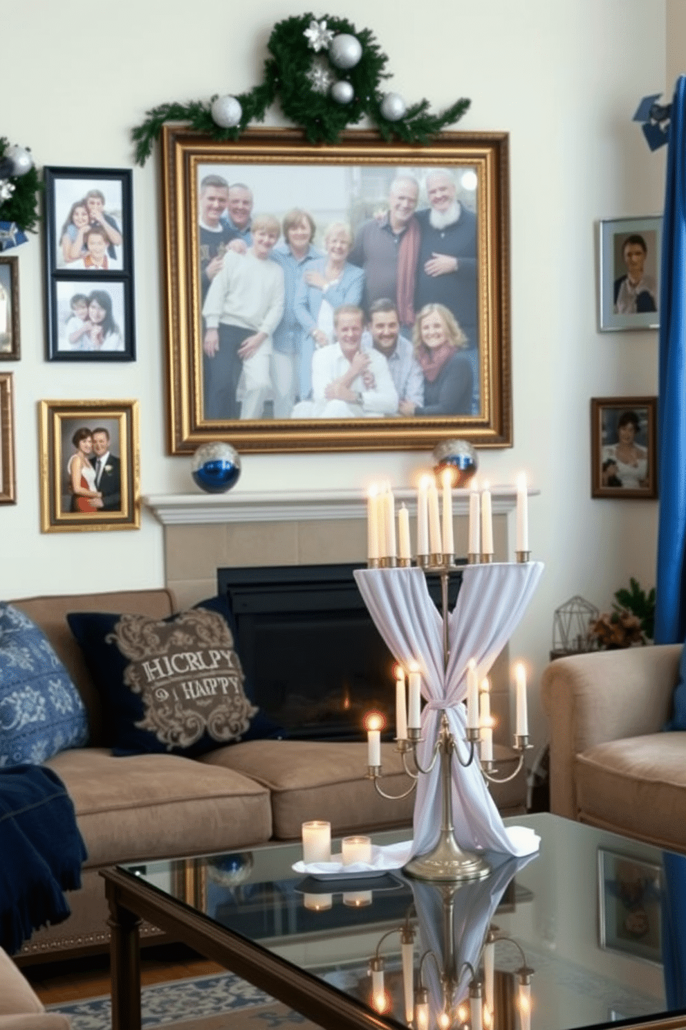 A cozy small living room adorned with framed family photos celebrating the holiday season. The walls are decorated with festive blue and silver accents, while a small, elegantly draped menorah sits on the coffee table surrounded by candles.