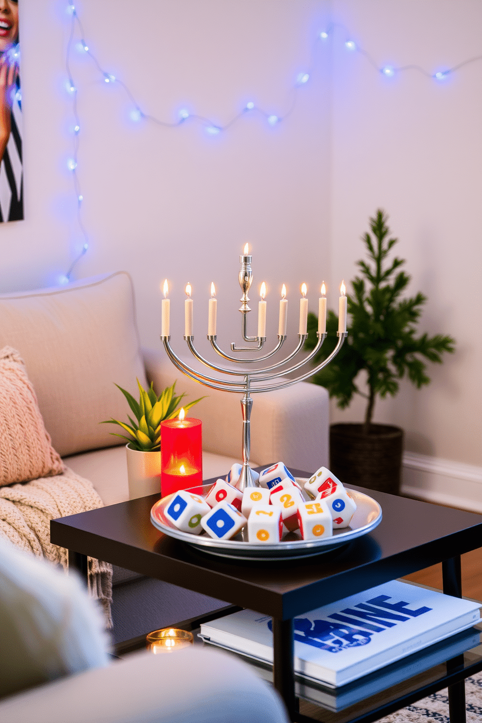 A stylish side table menorah setup features a sleek, modern menorah made of polished silver, elegantly positioned on a dark wood side table. Surrounding the menorah are decorative candles in vibrant colors, with a small potted plant and a cozy knitted throw draped over the side of the table. The small living room is adorned with festive Hanukkah decorations, including a string of blue and white fairy lights hung across the wall. A beautifully arranged centerpiece of dreidels and gelt sits on the coffee table, enhancing the warm and inviting atmosphere for the celebration.