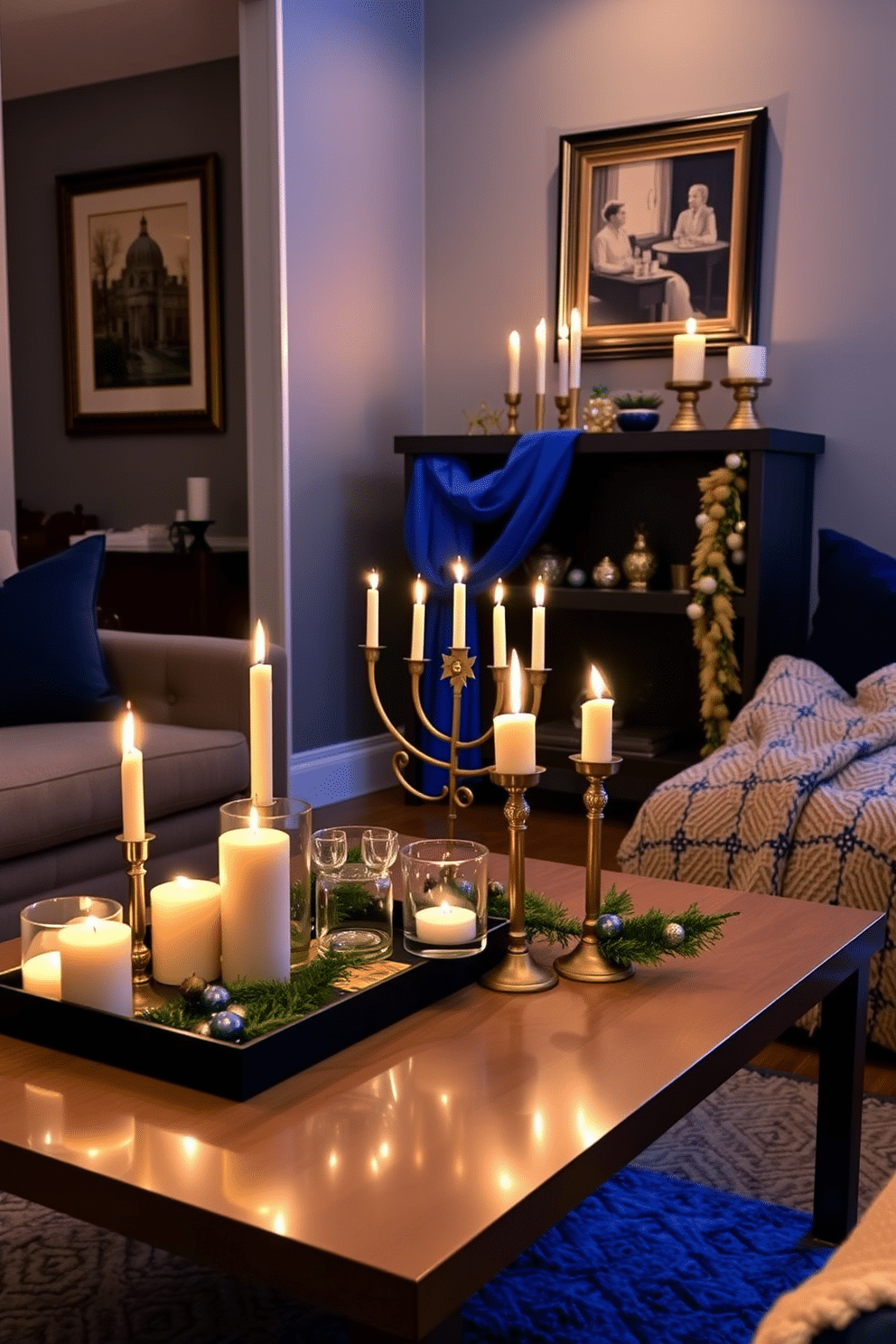 A cozy small living room adorned for Hanukkah, featuring a warm color palette of deep blues and golds. On a stylish coffee table, a collection of seasonal scented candles in elegant holders create a welcoming ambiance, while a beautifully draped menorah takes center stage, surrounded by festive decorations. The walls are adorned with tasteful artwork that reflects the spirit of the season, complemented by soft, ambient lighting. Plush cushions and a textured throw blanket invite relaxation, enhancing the space's overall warmth and charm.