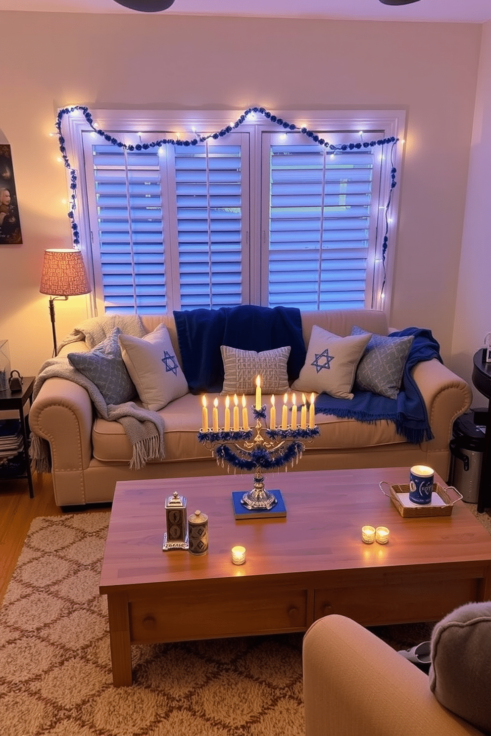 A cozy small living room adorned for Hanukkah, featuring a plush sofa draped with festive throw blankets in shades of blue and silver. The space is illuminated by warm, soft lighting, with a beautifully decorated menorah on the coffee table and decorative dreidels scattered around.