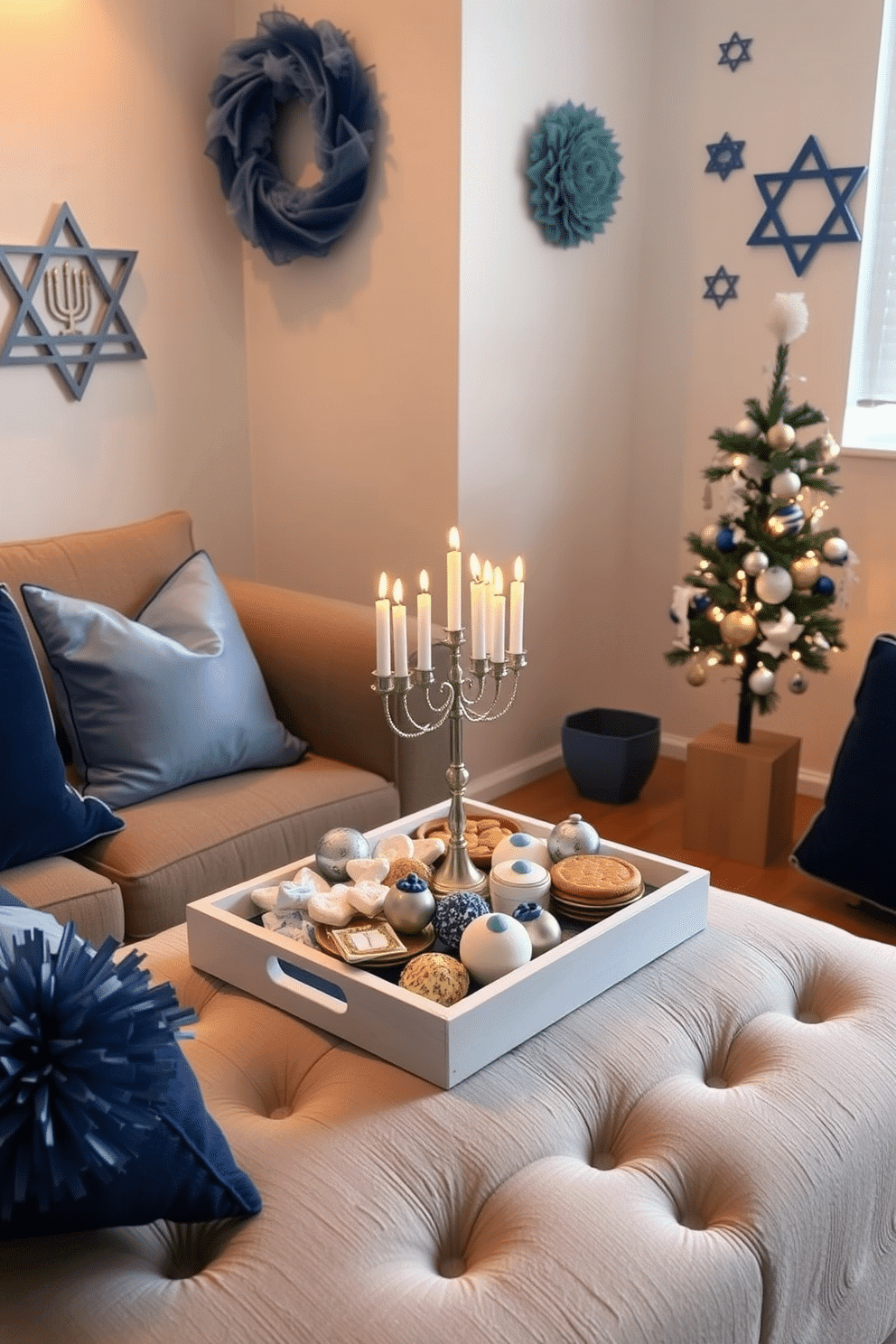 A cozy small living room adorned for Hanukkah features a beautifully arranged decorative tray filled with an assortment of holiday treats, including gelt, sufganiyot, and festive cookies. The tray is placed on a soft, textured coffee table, surrounded by plush cushions in shades of blue and silver that complement the Hanukkah theme. The walls are adorned with subtle blue and white decorations, including a menorah and star of David accents. Soft, warm lighting creates an inviting atmosphere, enhancing the festive spirit of the space while a small, decorated tree stands in the corner, adding to the charm of the room.