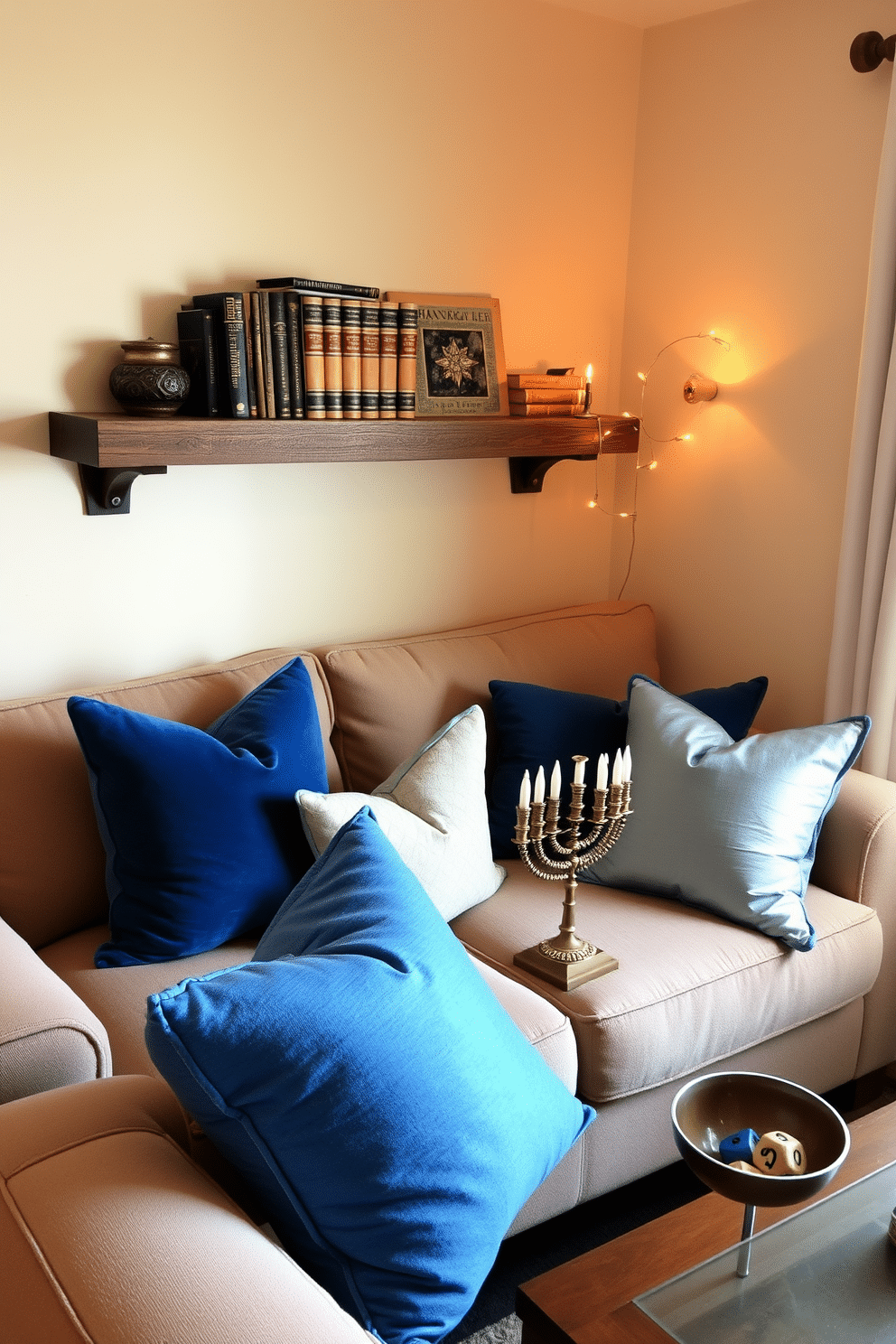 A cozy small living room adorned with vintage Hanukkah books displayed on a rustic wooden shelf. Soft, warm lighting illuminates the space, creating an inviting atmosphere perfect for holiday gatherings. A plush, neutral-colored sofa is accented with blue and silver throw pillows that echo traditional Hanukkah colors. A small coffee table features a decorative menorah and a bowl of dreidels, adding festive charm to the room.