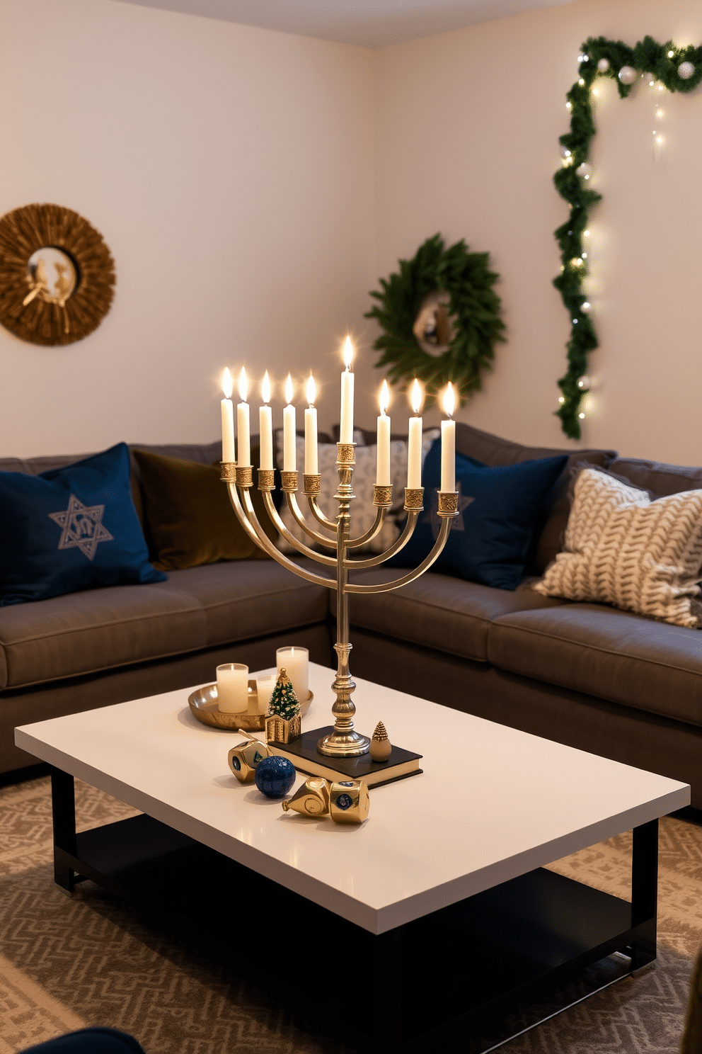 Elegant menorah centerpiece on a sleek coffee table, adorned with a mix of traditional and modern decor elements. Soft, warm lighting enhances the ambiance, creating a cozy atmosphere perfect for Hanukkah celebrations. The small living room features plush cushions in rich blues and golds, complementing the menorah's shimmering candles. Decorative accents like dreidels and festive garlands add a touch of holiday spirit without overwhelming the space.