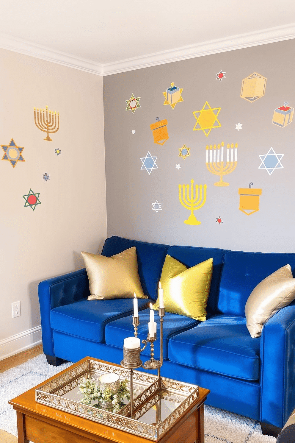 A small living room adorned with brightly colored wall decals featuring festive Hanukkah symbols, such as menorahs and dreidels. The decals create a vibrant atmosphere against a soft, neutral backdrop, enhancing the cozy feel of the space. A plush sofa in a rich blue hue is accented with decorative pillows in gold and silver tones, reflecting the celebratory spirit of Hanukkah. A small coffee table is topped with a decorative tray holding candles and a festive centerpiece, inviting warmth and joy into the room.