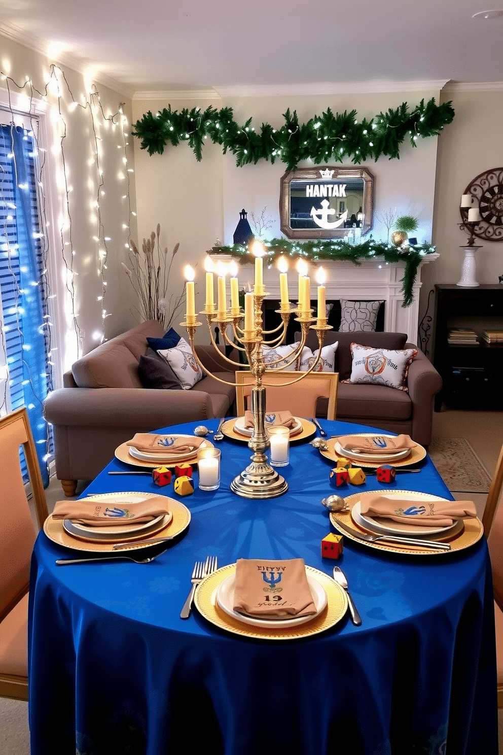 Artistic Hanukkah-themed table settings. The table is adorned with a vibrant blue tablecloth, featuring a stunning menorah at the center, surrounded by elegant dinnerware and colorful dreidels. Small Living Room Hanukkah Decorating Ideas. The living room is decorated with twinkling string lights draped across the walls, and a beautifully arranged display of Hanukkah-themed pillows on a cozy sofa, complemented by a festive garland above the fireplace.