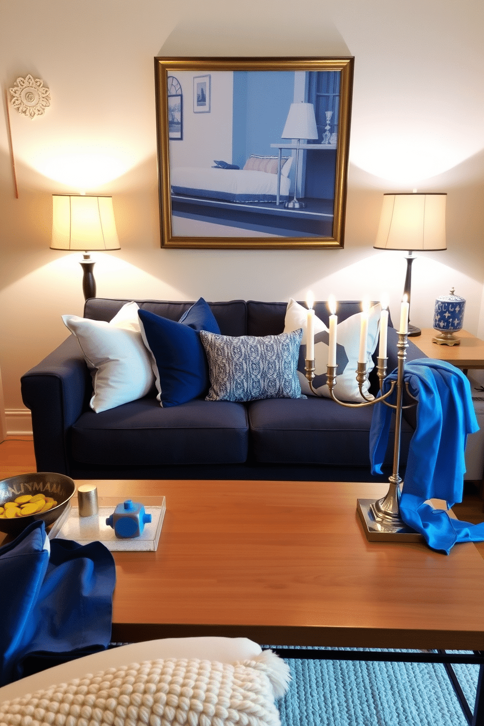 A cozy small living room adorned for Hanukkah, featuring soft lighting created by decorative lamps that cast a warm glow throughout the space. The room is styled with a plush, navy sofa, accented by festive throw pillows and a beautifully draped blue and silver menorah on the coffee table. A vibrant blue and white color palette dominates the decor, with a handmade dreidel and a bowl of gelt artfully arranged on the side table. The walls are adorned with subtle, festive artwork, and a soft, textured area rug adds warmth underfoot, inviting family gatherings and celebrations.