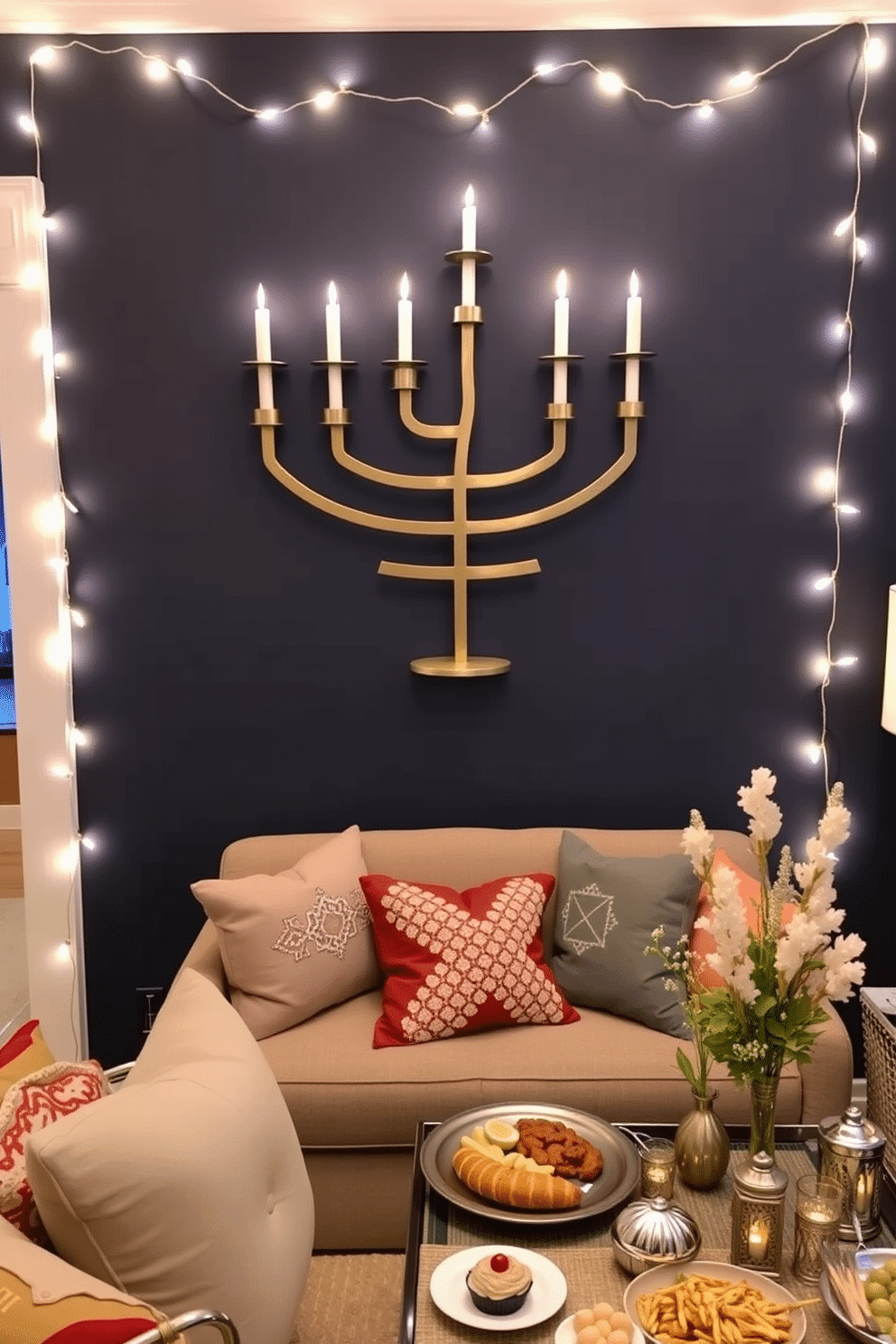 A creative wall-mounted menorah display features a sleek, modern design made from brushed metal, adorned with elegant candle holders. The backdrop is a deep navy blue wall, which enhances the menorah's striking appearance, while soft white string lights delicately frame the display for a warm ambiance. In a small living room, Hanukkah decorations include a cozy seating area with plush cushions in festive colors. A beautifully arranged table showcases traditional foods, surrounded by subtle gold and silver accents that complement the overall decor.