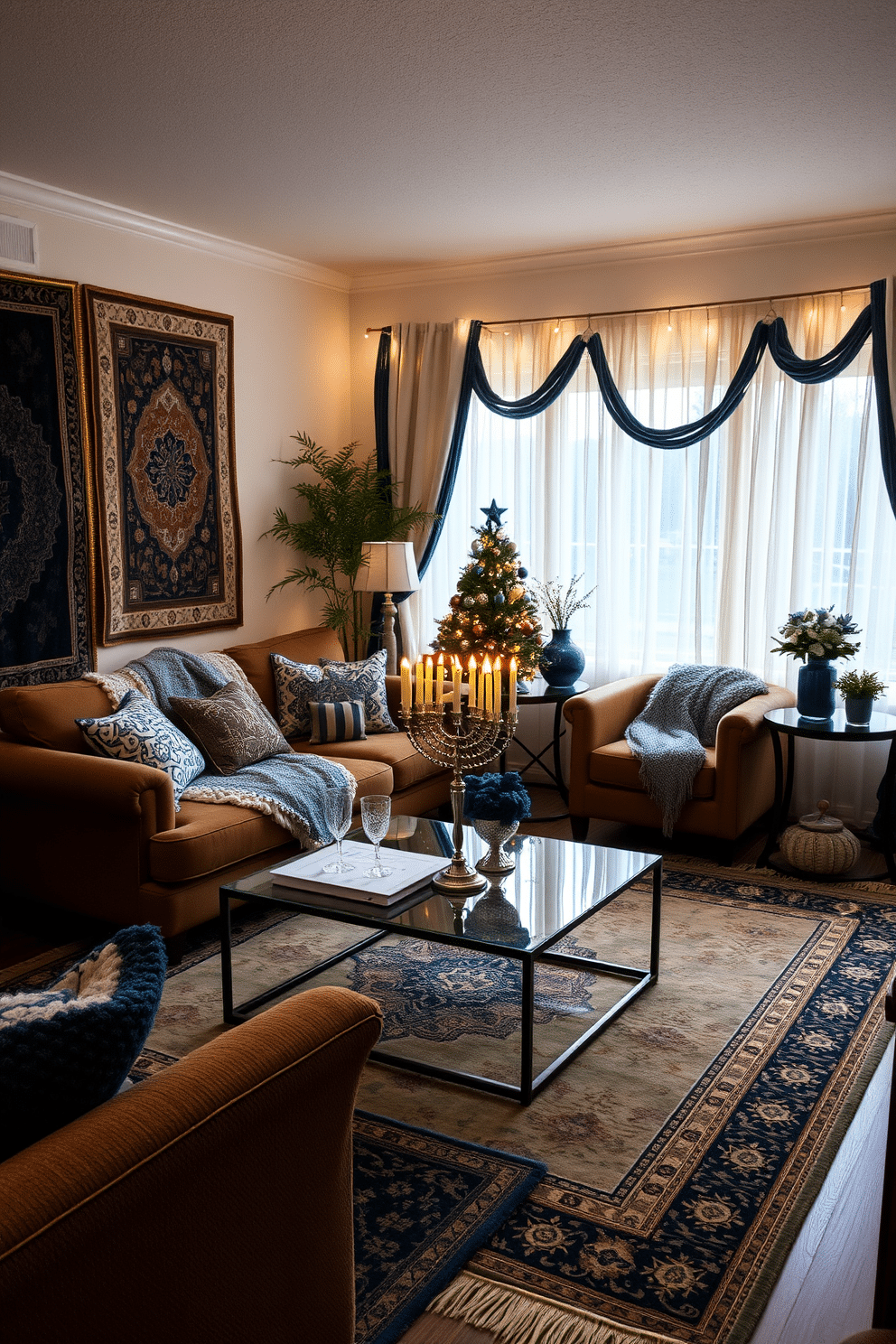 A cozy small living room adorned with layered rugs in various textures, creating a warm and inviting atmosphere. The rugs feature rich colors and intricate patterns, adding depth to the space while complementing the surrounding decor. For Hanukkah, the living room is decorated with elegant blue and silver accents, including a beautifully set menorah on the coffee table. Soft, twinkling lights drape across the windows, enhancing the festive ambiance and creating a welcoming environment for gatherings.