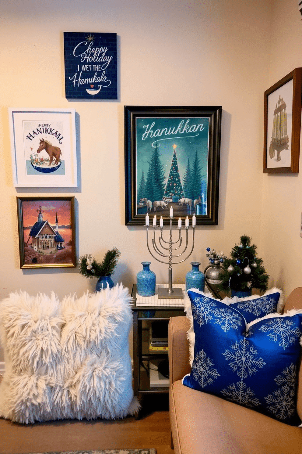 A cozy small living room adorned with seasonal art prints that capture the essence of each holiday. The walls are painted in a soft, neutral hue, allowing the vibrant colors of the prints to stand out beautifully. For Hanukkah, the room features a tasteful menorah placed on a side table, surrounded by blue and silver accents. Plush cushions in festive patterns complement the decor, creating a warm and inviting atmosphere for celebration.