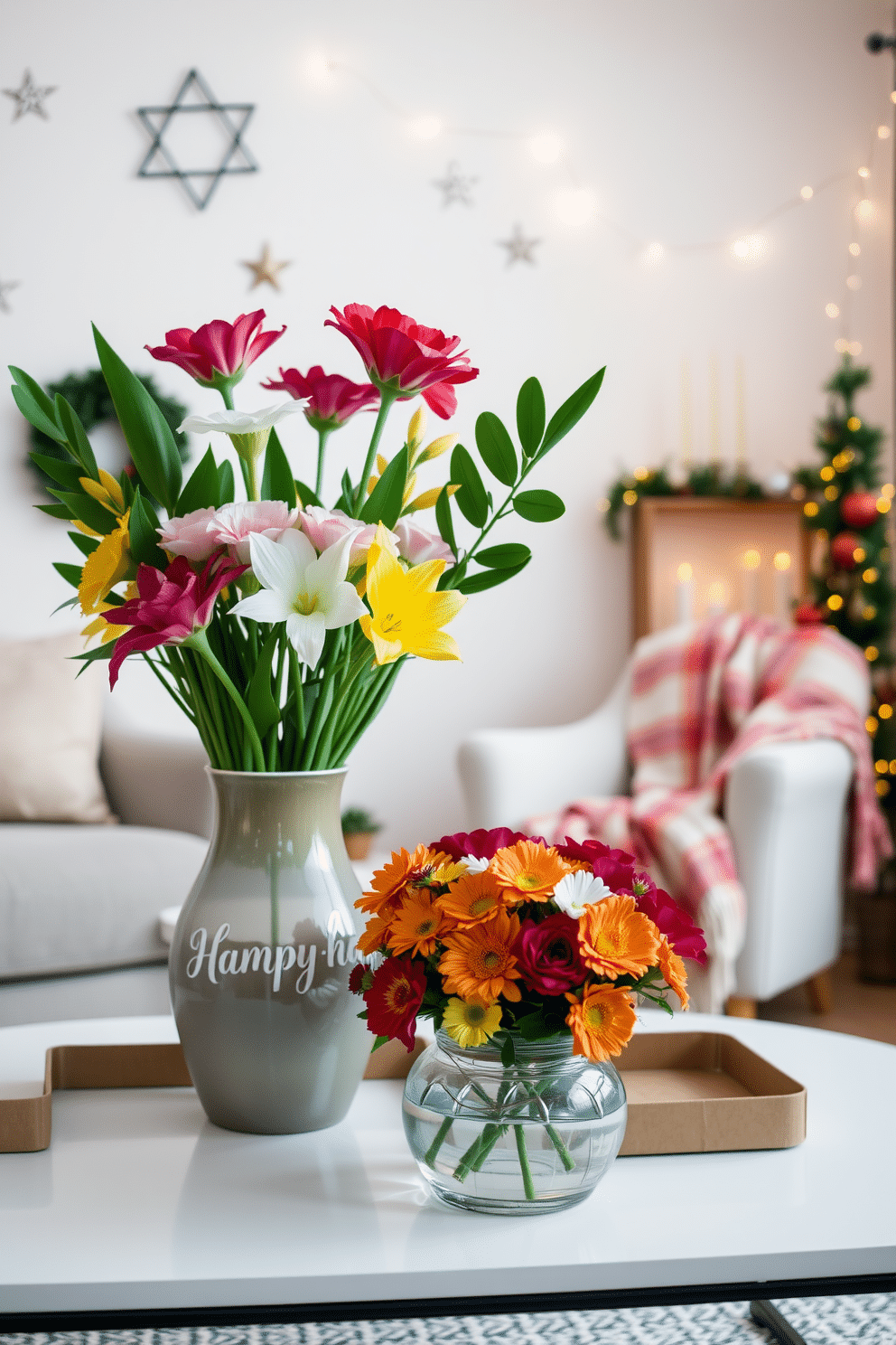 A beautifully arranged vase of fresh flowers sits on a modern coffee table, showcasing vibrant colors that brighten the small living room. The backdrop features soft, neutral walls adorned with subtle holiday decorations, creating a warm and inviting atmosphere for Hanukkah celebrations. In one corner, a cozy armchair is draped with a festive throw blanket, while decorative candles flicker softly on a nearby shelf. String lights are tastefully hung around the window, adding a touch of sparkle to the intimate space.