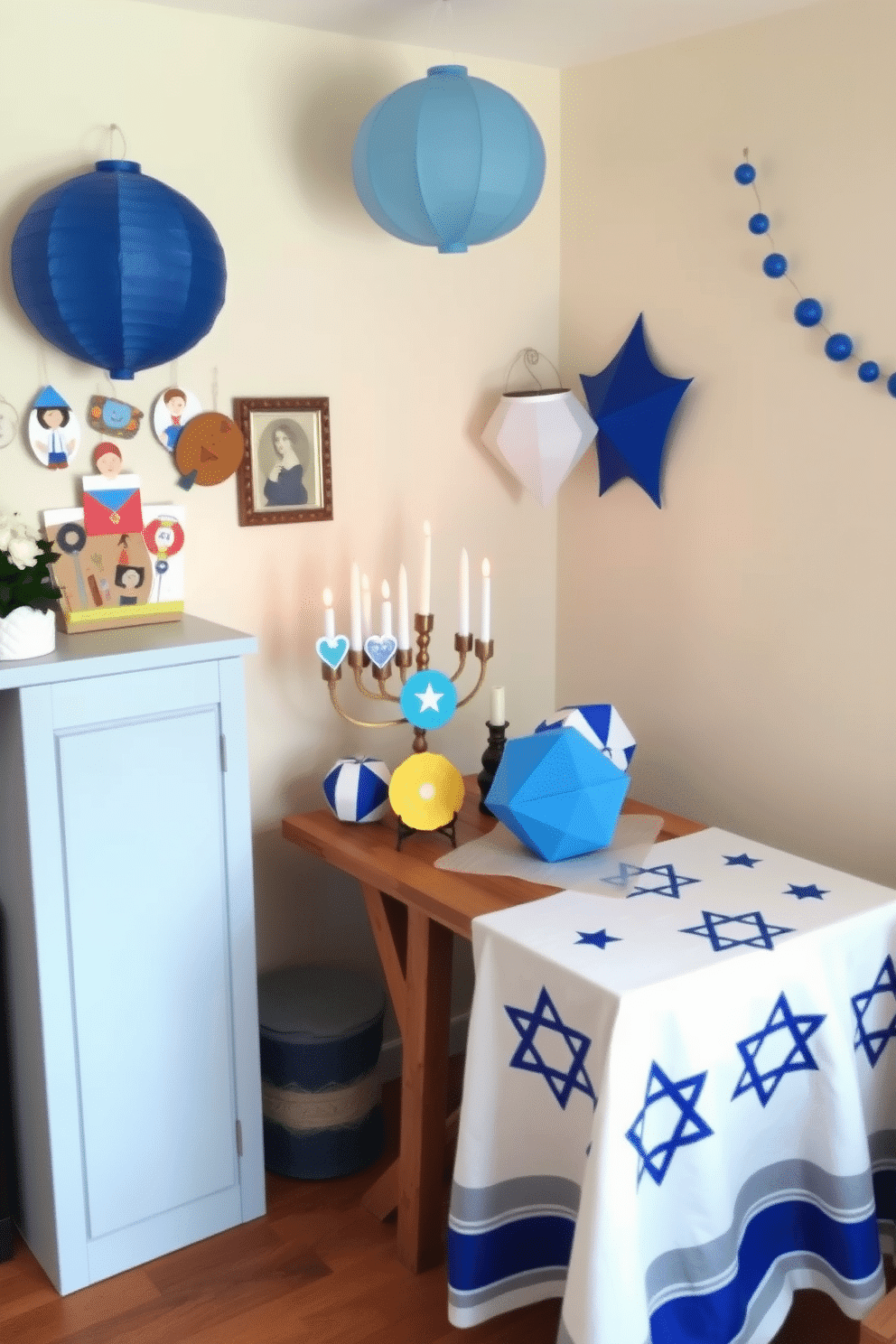 A charming display of unique DIY Hanukkah crafts fills a cozy corner of the small living room. Handmade menorahs, colorful dreidels, and paper lanterns are artfully arranged on a rustic wooden table, creating a festive atmosphere. The small living room is adorned with subtle Hanukkah decorations, including blue and silver accents that complement the space. Soft, warm lighting illuminates the room, highlighting a beautifully draped tablecloth featuring Star of David motifs.