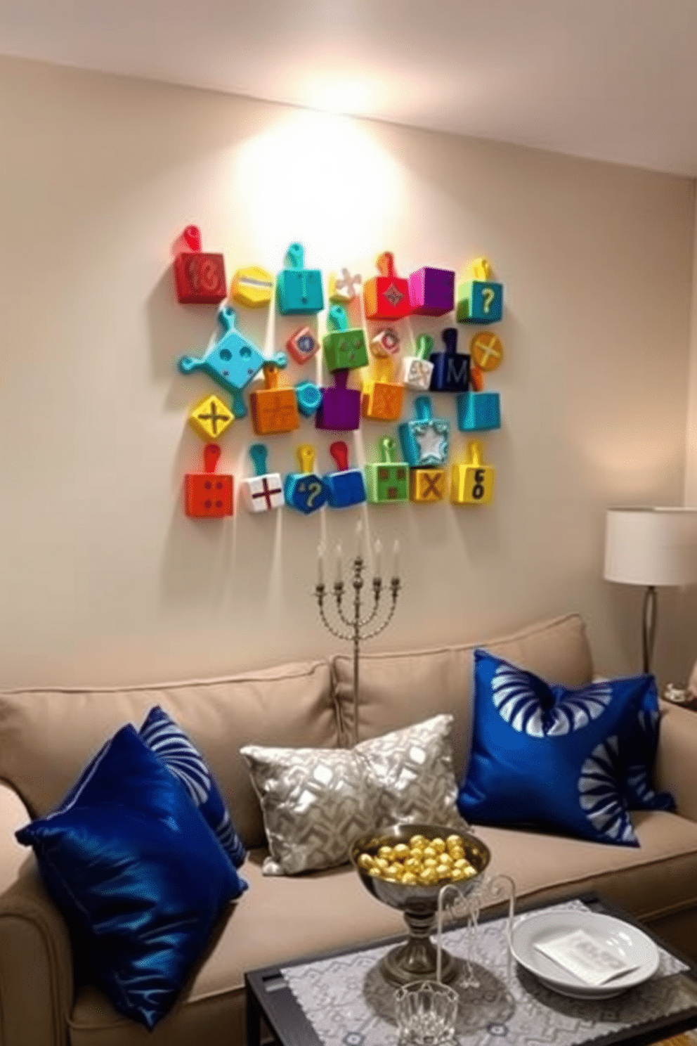 A vibrant dreidel-themed wall art display adorns the main wall of the small living room, featuring colorful, handmade dreidels in various sizes arranged in an eye-catching pattern. The artwork is complemented by soft, warm lighting that enhances the festive atmosphere, creating a cozy and inviting space for Hanukkah celebrations. Incorporating decorative elements like plush cushions in blue and silver tones on a comfortable sofa adds a festive touch to the room. A small coffee table is adorned with a menorah centerpiece and a bowl of gelt, completing the Hanukkah decorating theme while maintaining a stylish aesthetic.