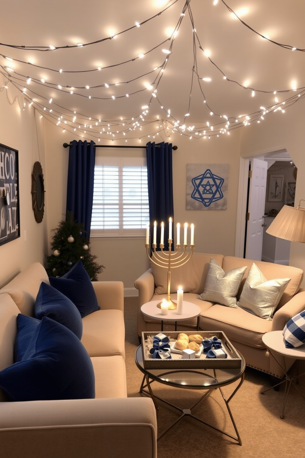 A small living room adorned for Hanukkah features a warm, inviting atmosphere created by string lights draped across the ceiling, casting a soft glow throughout the space. The walls are decorated with blue and white accents, while a beautifully arranged menorah sits on a stylish coffee table surrounded by festive decorations. A plush sofa in a neutral tone is adorned with cozy throw pillows in shades of blue and silver, inviting relaxation. A small, elegant table holds a tray with traditional Hanukkah treats, enhancing the room's festive charm.