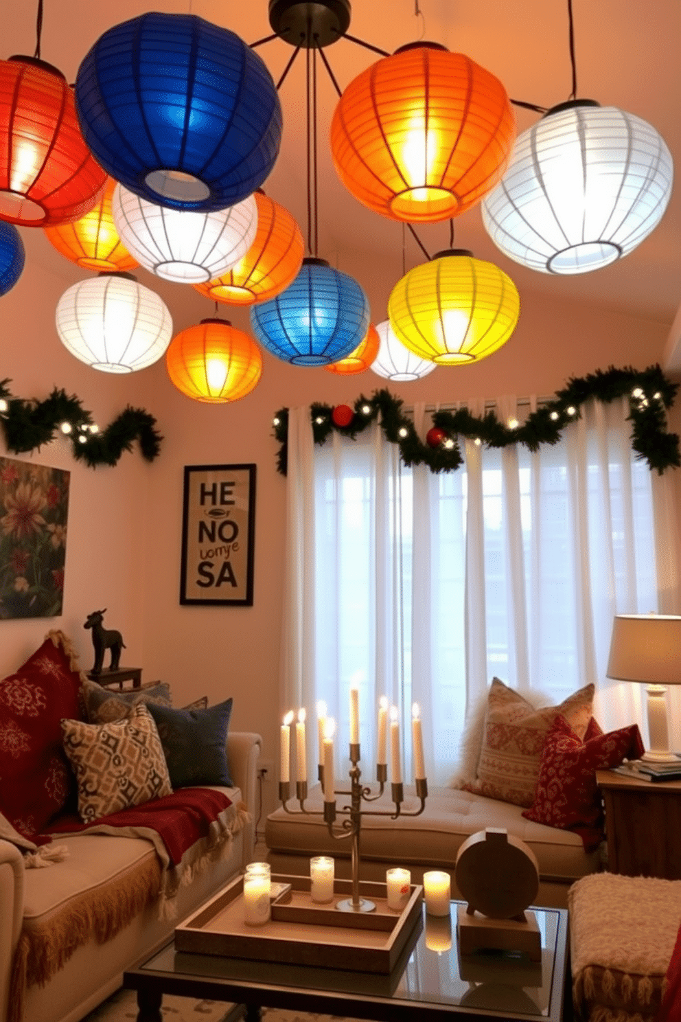 A small living room adorned for Hanukkah features colorful paper lanterns gracefully hanging from the ceiling, casting a warm and inviting glow. The space is decorated with a mix of traditional and modern elements, including a cozy sofa draped with festive throw blankets and a coffee table adorned with a menorah and decorative dreidels.