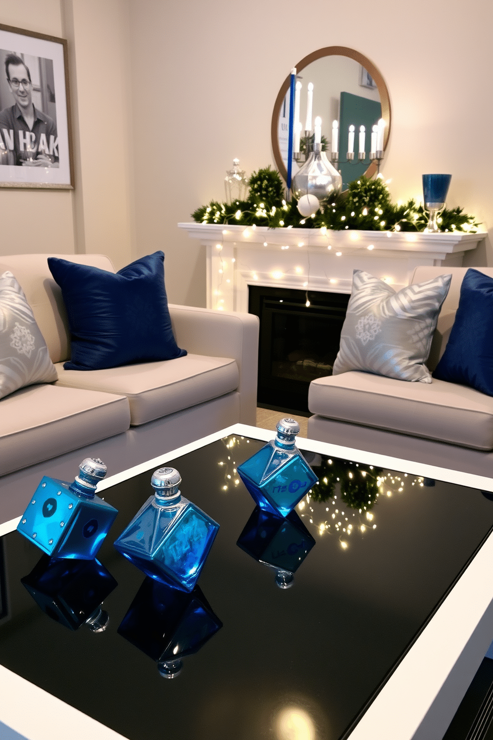 A cozy small living room adorned for Hanukkah, featuring decorative glass dreidels as accents on a sleek coffee table. Soft blue and silver throw pillows are arranged on a plush sofa, while a menorah sits elegantly on the mantle, surrounded by twinkling fairy lights.