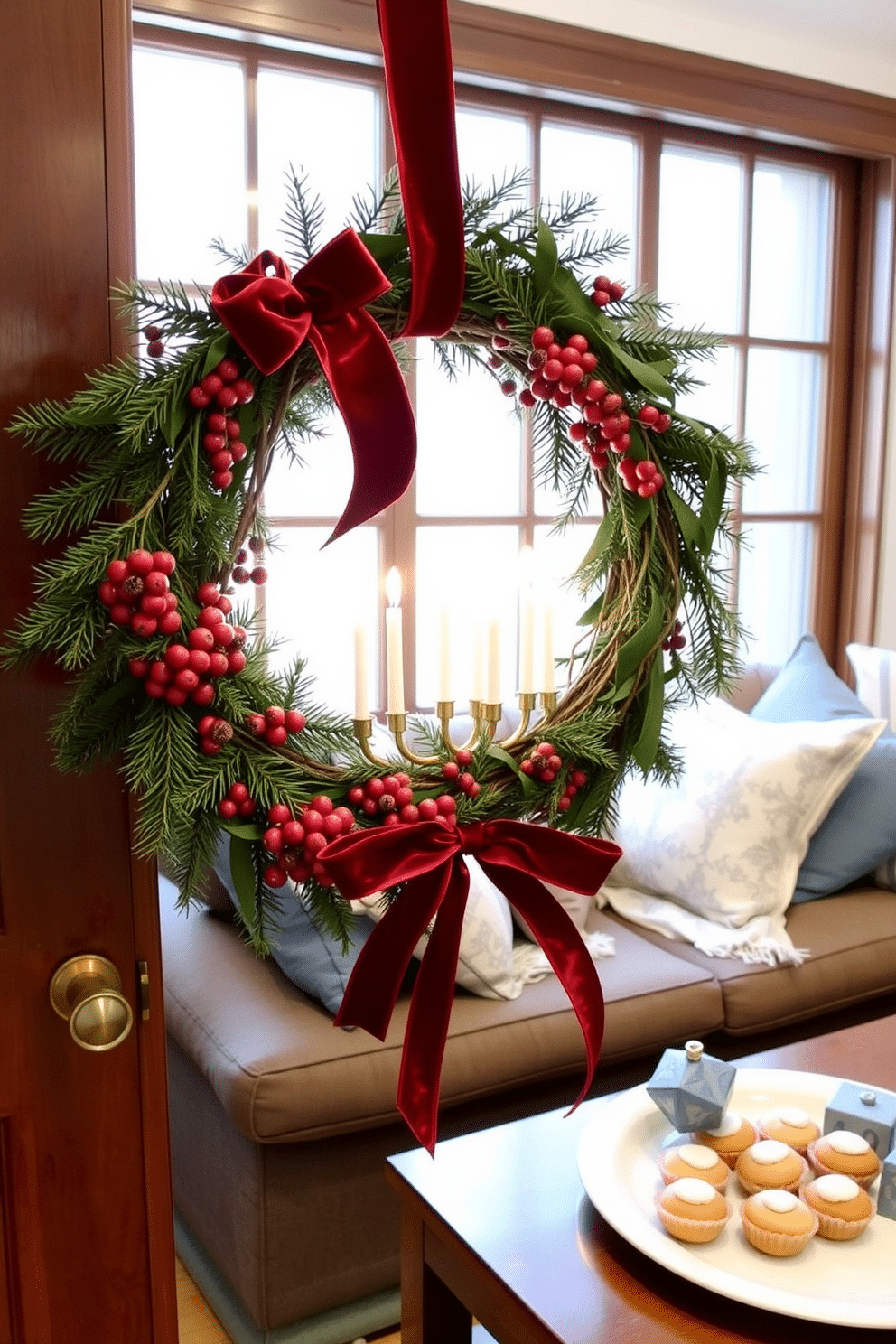 A winter-themed wreath adorns the front door, crafted from fresh pine branches and accented with red berries and pine cones. The wreath is tied with a deep red velvet ribbon, creating a warm and inviting entrance. In a small living room, Hanukkah decorations bring a festive touch with a beautifully lit menorah on the coffee table. Soft blue and silver accents are incorporated through cushions and throws, while a small decorative dreidel sits next to a plate of freshly baked sufganiyot.