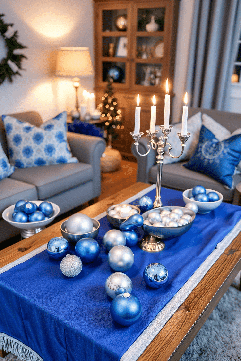 A cozy small living room adorned for Hanukkah, featuring a collection of blue and silver ornaments elegantly arranged in decorative bowls scattered across a coffee table. Soft, warm lighting illuminates the space, highlighting a beautifully draped blue and silver table runner that complements the festive decor.