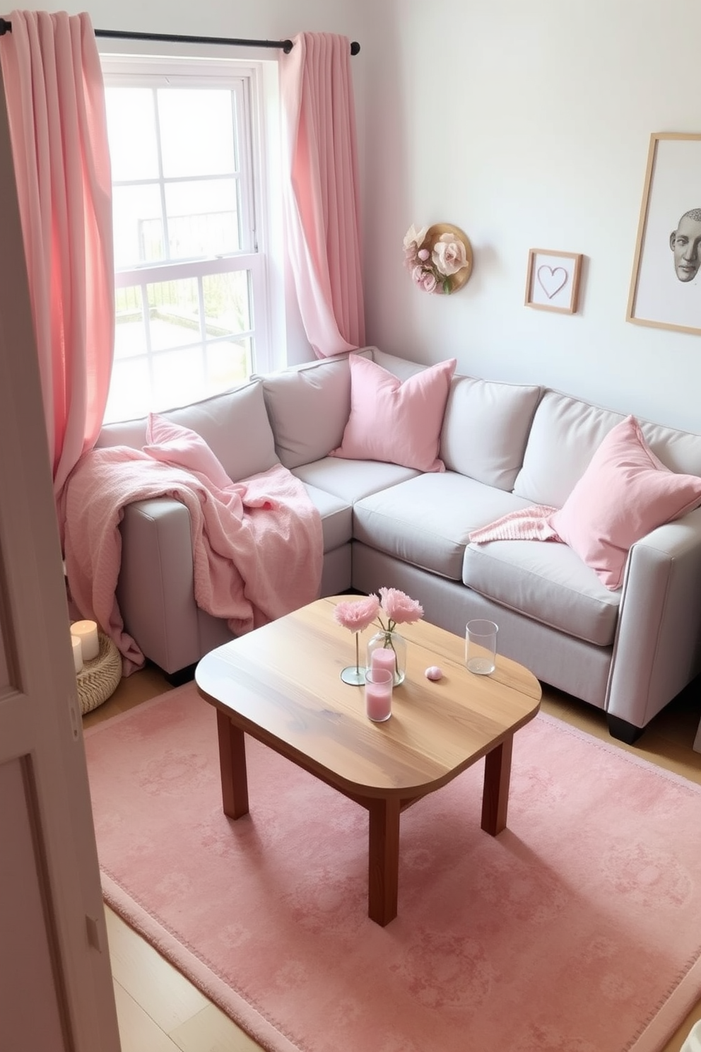 A cozy small living room adorned with romantic blush pink accents. Soft pink throw pillows and a plush blanket drape over a light gray sofa, creating an inviting atmosphere for Valentine's Day. A delicate blush pink area rug anchors the space, complementing the warm wooden coffee table. Subtle heart-shaped decor pieces and candles add a touch of whimsy, enhancing the romantic vibe of the room.