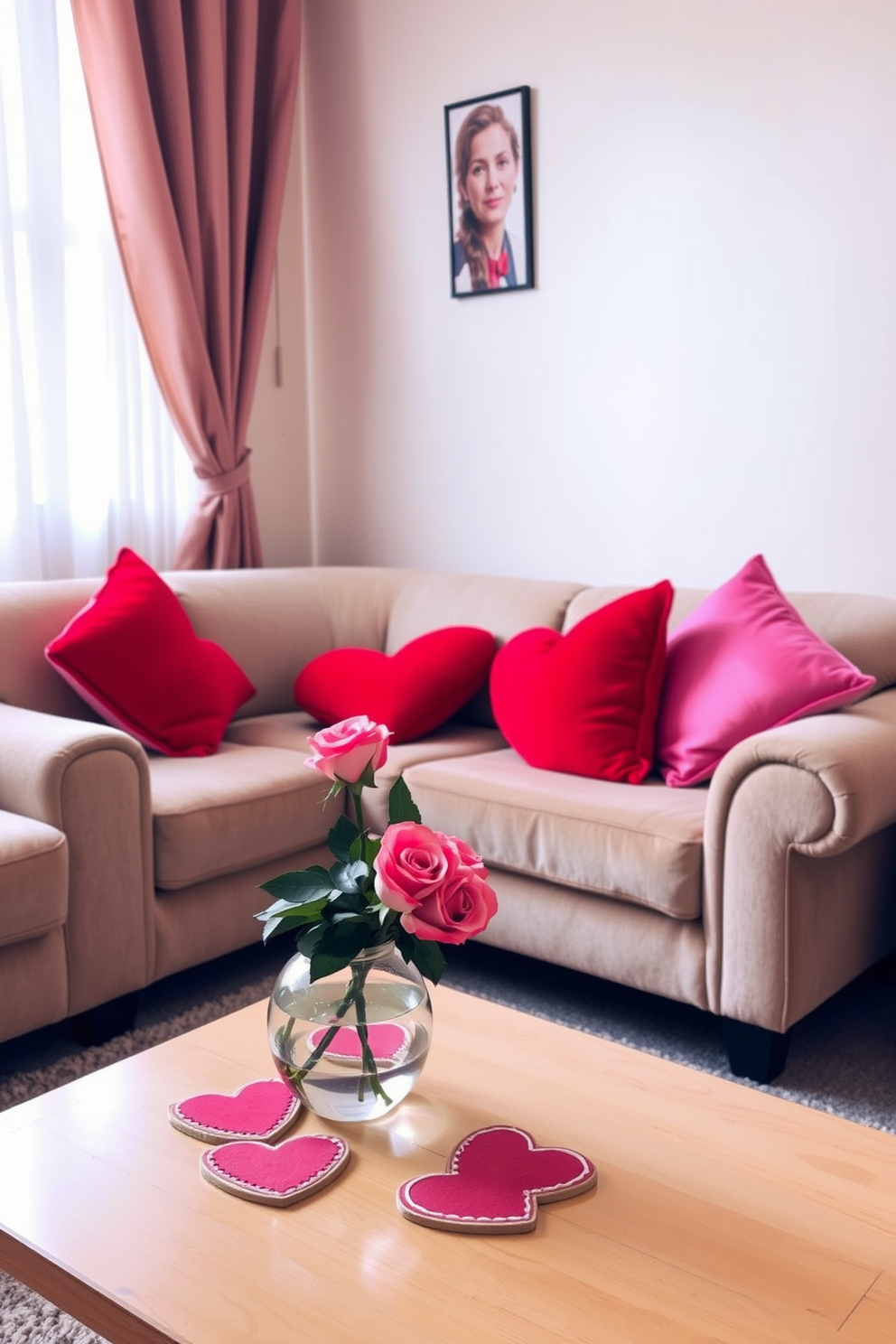 A cozy small living room adorned for Valentine's Day, featuring a plush sofa embellished with vibrant red and pink cushions. The coffee table is decorated with heart-shaped coasters and a bouquet of fresh roses in a delicate vase, creating a warm and inviting atmosphere.