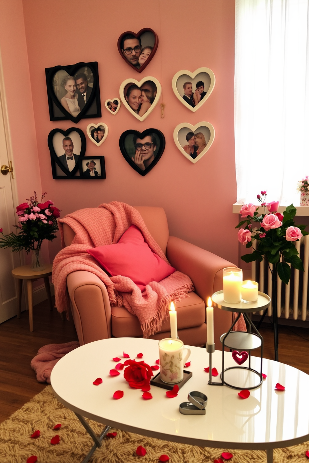 A cozy small living room adorned for Valentine's Day features a collection of heart-shaped photo frames in varying sizes, displaying cherished memories. The frames are arranged on a soft, pastel-hued wall, complemented by a plush throw blanket draped over a stylish armchair and a small coffee table adorned with rose petals and candles.