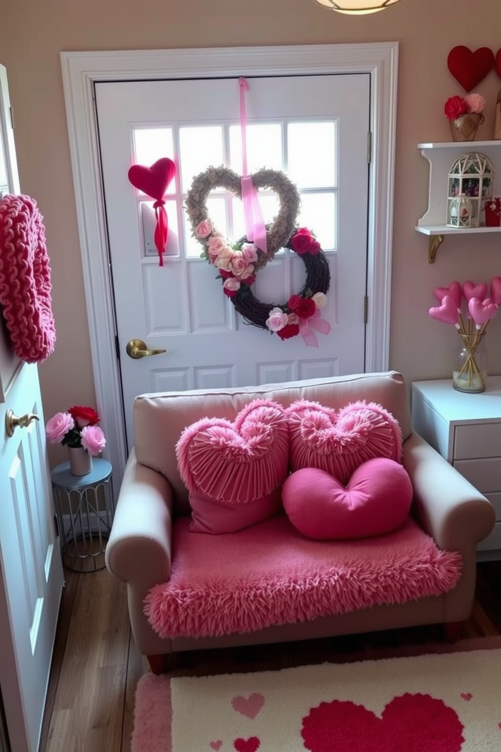 A charming small living room adorned for Valentine's Day features a heart-shaped wreath on the door, welcoming guests with a touch of love. Inside, soft pink and red accents are scattered throughout, including plush throw pillows on a cozy sofa and a heart-themed rug underfoot.