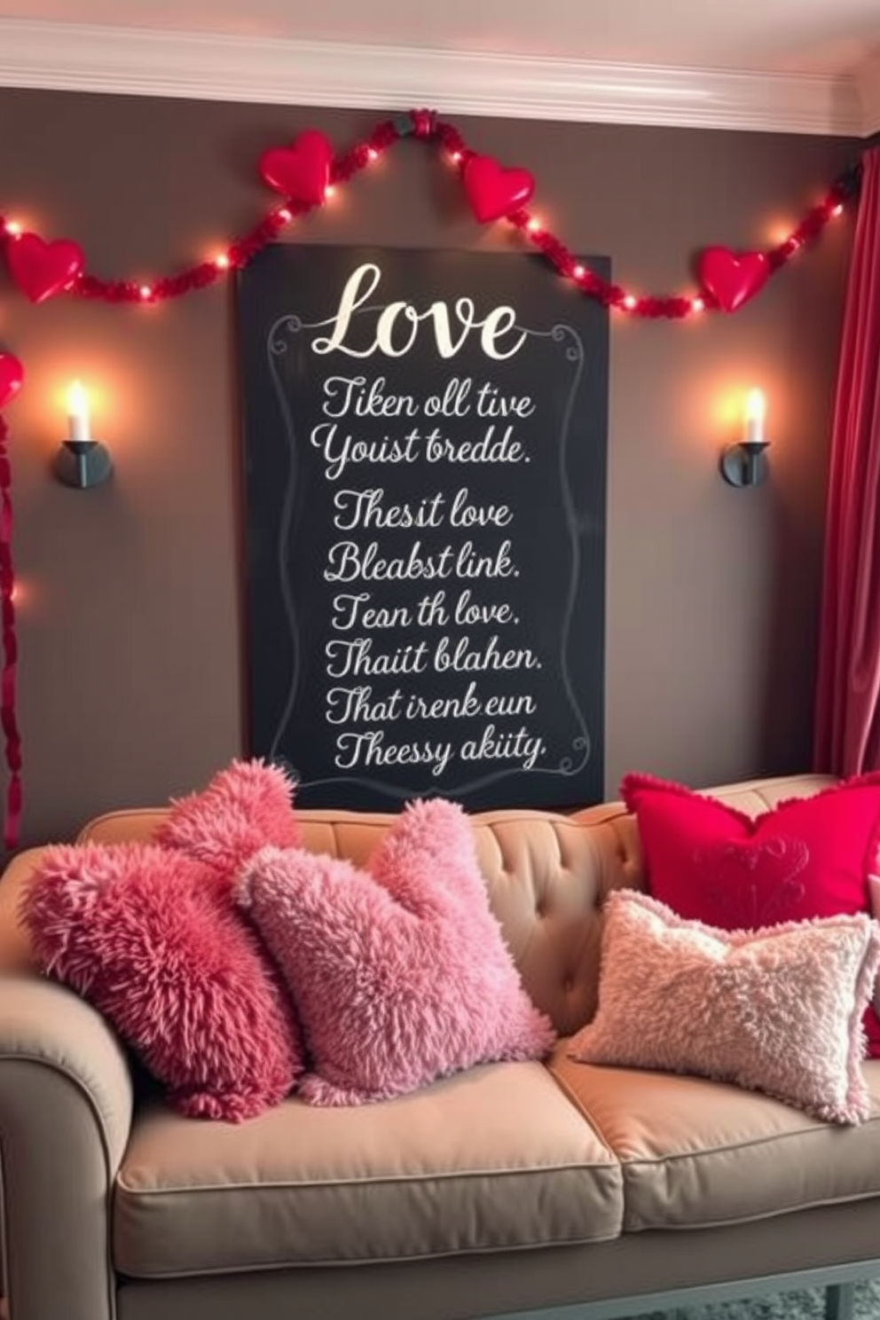 A cozy small living room adorned for Valentine's Day, featuring a chalkboard prominently displaying love quotes in elegant white lettering. Soft, warm lighting enhances the romantic atmosphere, while plush cushions in shades of pink and red are scattered across a comfortable sofa.