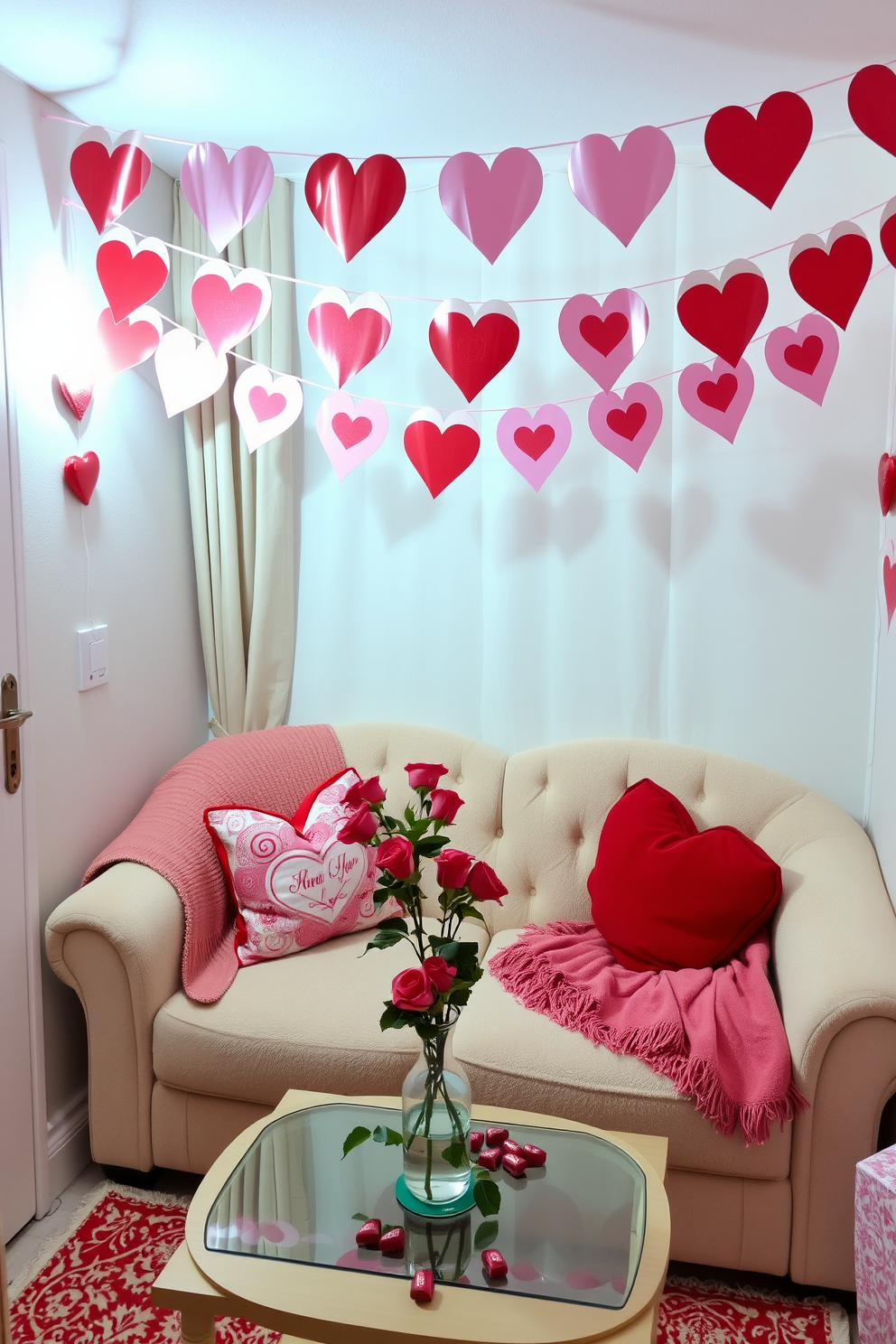 A cozy small living room adorned for Valentine's Day. Soft pink and red banners with heart motifs hang from the ceiling, creating a festive atmosphere. A plush sofa is decorated with heart-patterned cushions and a warm throw blanket. A small coffee table is set with a vase of fresh roses and a few heart-shaped chocolates for a romantic touch.