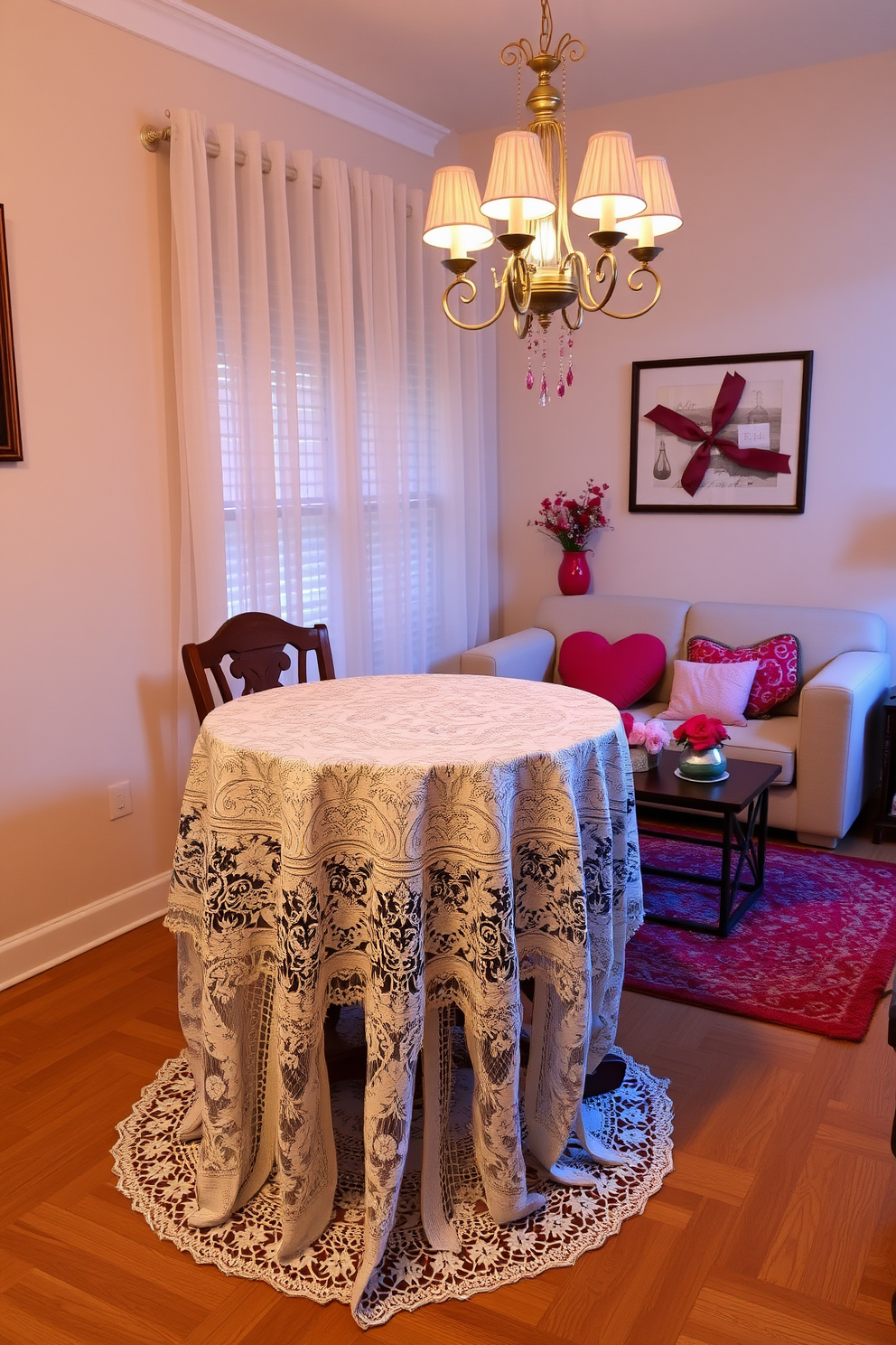 An elegant lace tablecloth drapes gracefully over a round wooden dining table, its intricate patterns adding a touch of romance. Soft, ambient lighting from a nearby chandelier enhances the delicate texture of the lace, creating a warm and inviting atmosphere. In a small living room, cozy accents in shades of red and pink adorn the space for Valentine's Day. Heart-shaped cushions and a tasteful floral arrangement on the coffee table bring a festive yet sophisticated charm to the intimate setting.