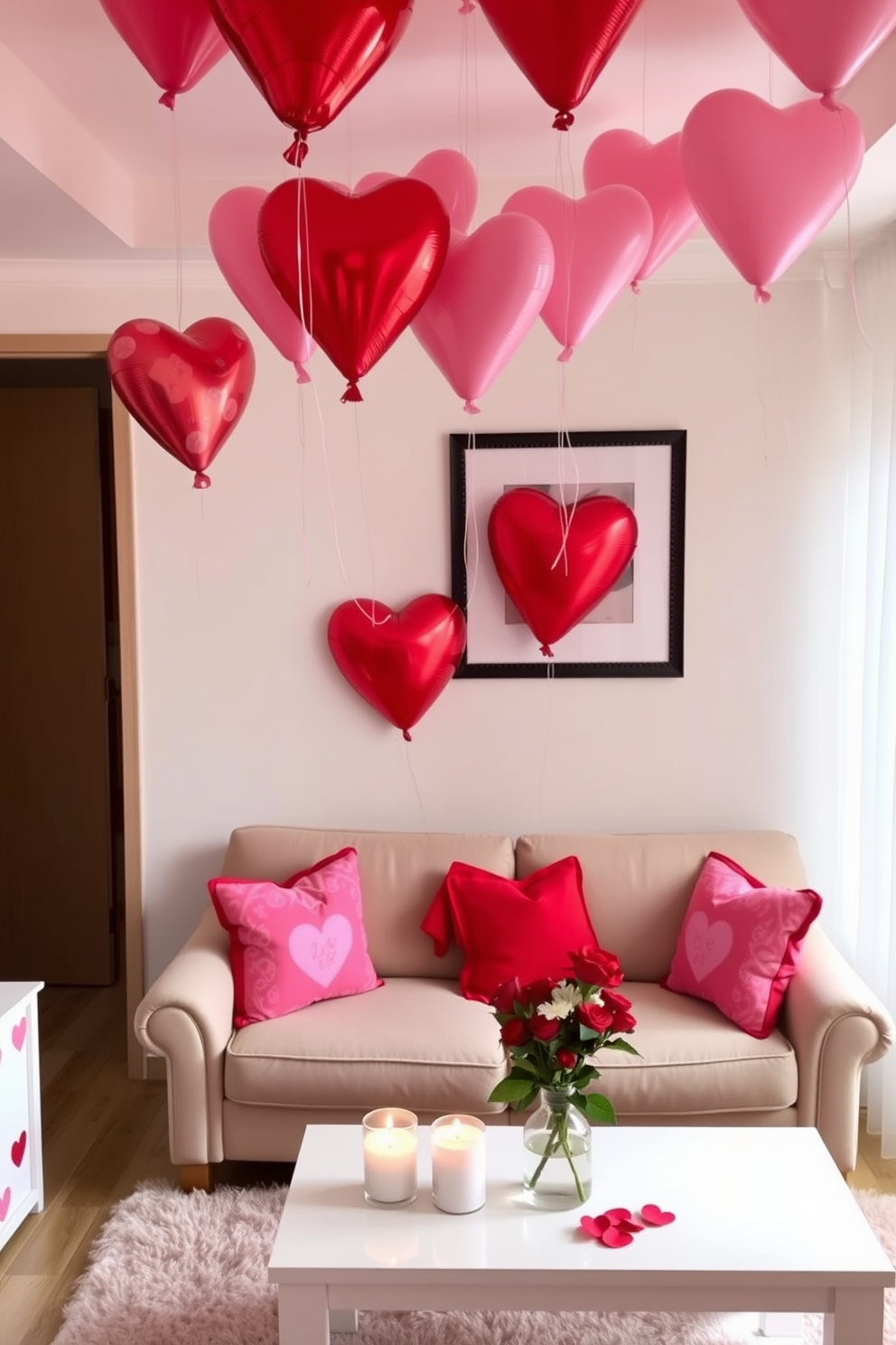 A cozy small living room decorated for Valentine's Day, featuring heart-shaped balloons in shades of red and pink floating gently from the ceiling. The room includes a plush sofa adorned with heart-patterned cushions, and a small coffee table set with romantic candles and a vase of fresh roses.