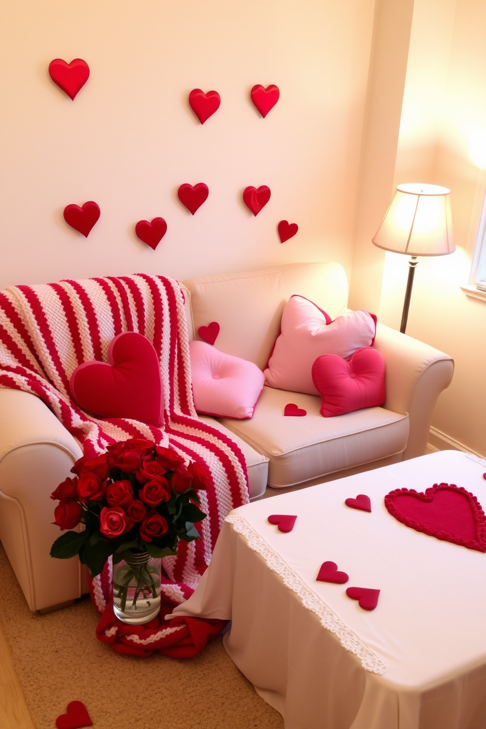 A cozy small living room adorned for Valentine's Day features a plush red and white striped throw draped over a soft beige sofa. Heart-shaped cushions in varying shades of red and pink are scattered across the seating area, enhancing the romantic atmosphere. A delicate coffee table is set with a white tablecloth and a centerpiece of fresh red roses in a glass vase. Soft, ambient lighting from a nearby lamp casts a warm glow, creating an inviting space perfect for a Valentine's Day celebration.