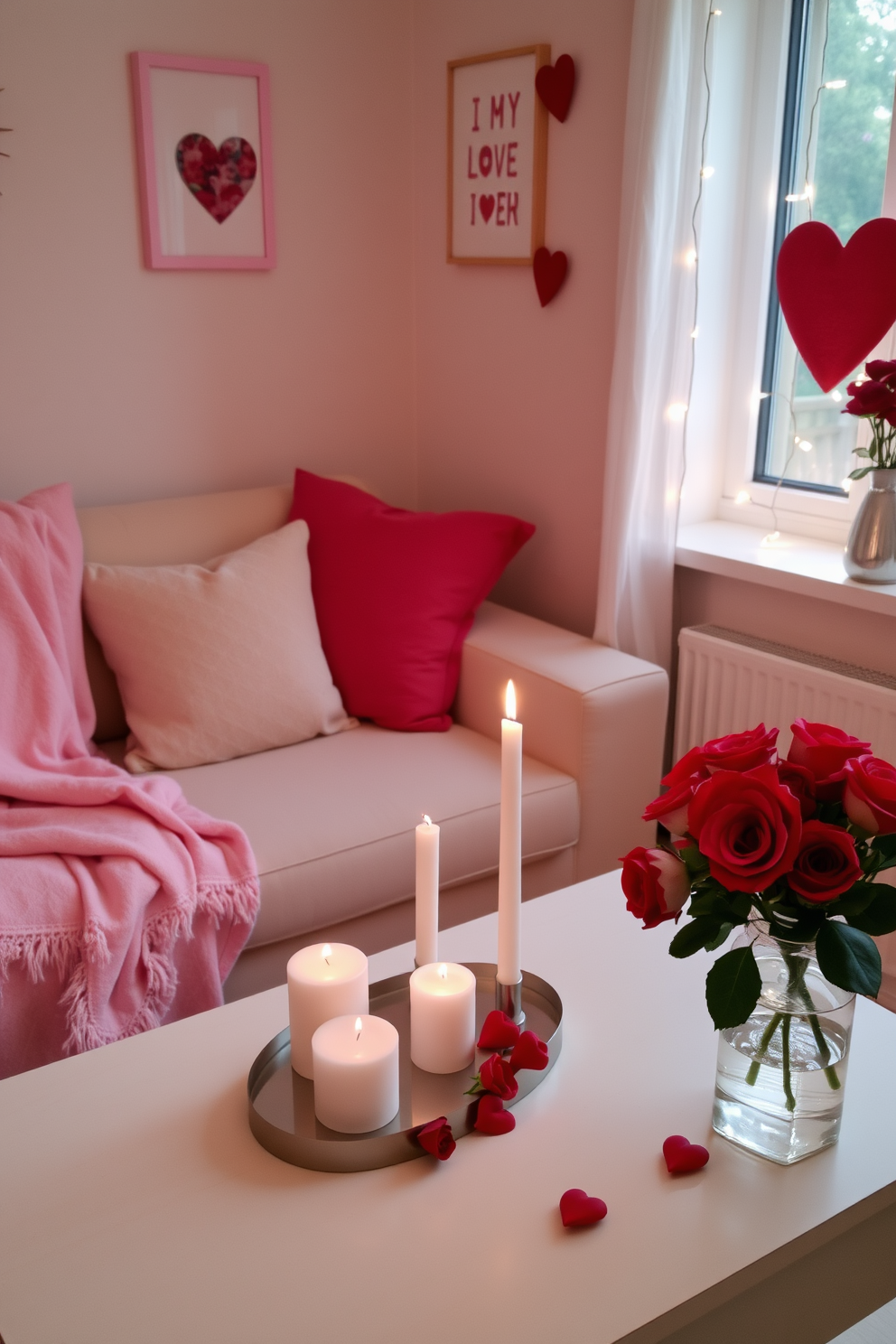 A cozy small living room adorned for Valentine's Day, featuring a soft, plush sofa draped with a light pink throw blanket. On the coffee table, an arrangement of romantic scented candles in varying heights flickers gently, casting a warm glow across the room. The walls are decorated with heart-shaped wall art, and a bouquet of fresh red roses sits in a stylish vase on the side table. Soft fairy lights are strung along the window, creating an inviting atmosphere perfect for a romantic evening.