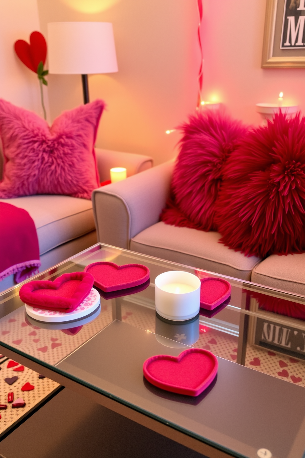 A cozy small living room decorated for Valentine's Day features heart-shaped coasters placed on a stylish coffee table. Soft, ambient lighting creates a romantic atmosphere, while plush throw pillows in shades of pink and red adorn a comfortable sofa.