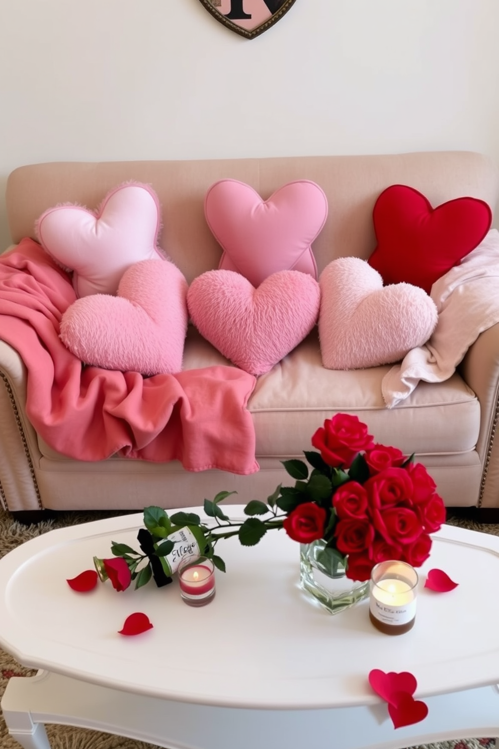 A cozy small living room adorned for Valentine's Day features a plush sofa draped with soft, heart-shaped throw pillows in varying shades of pink and red. A delicate coffee table sits in front, decorated with a bouquet of fresh roses and a few romantic candles, creating an inviting atmosphere for the holiday.