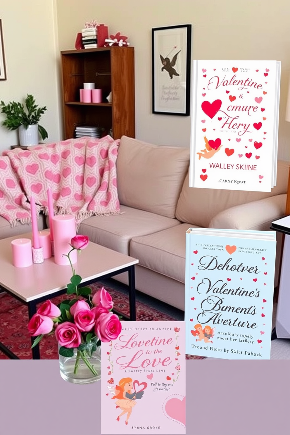 A cozy small living room decorated for Valentine's Day, featuring a plush, heart-patterned throw blanket draped over a soft beige sofa. A coffee table adorned with pink and red candles, along with a bouquet of fresh roses in a glass vase, creates a romantic ambiance. Valentine's themed book covers showcasing whimsical designs, with pastel colors and playful illustrations of hearts and cupids. Each cover features elegant typography that captures the essence of love, inviting readers into a world of romance and adventure.