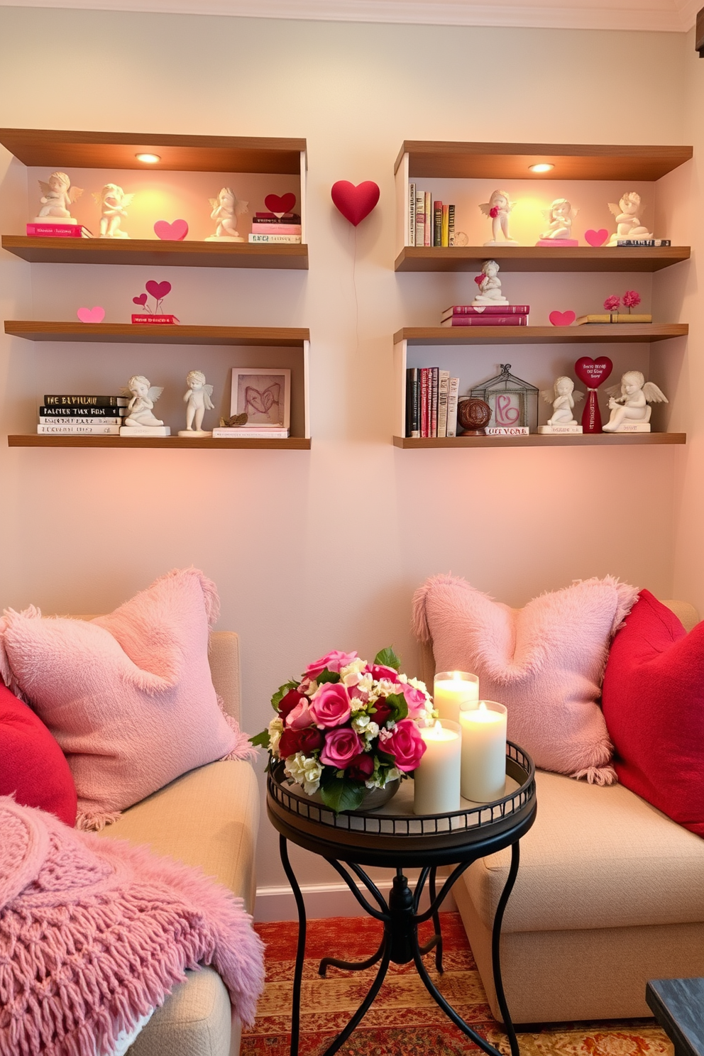 A cozy small living room adorned for Valentine's Day features shelves adorned with charming Cupid figurines in various poses, each delicately crafted and painted in soft pastel colors. The warm lighting casts a gentle glow, highlighting the playful arrangement of the figurines alongside romantic books and heart-shaped decor. The seating area is enhanced with plush throw pillows in shades of pink and red, inviting relaxation and warmth. A small coffee table is centered, topped with a decorative tray holding candles and a bouquet of fresh flowers, creating an intimate atmosphere perfect for the holiday.