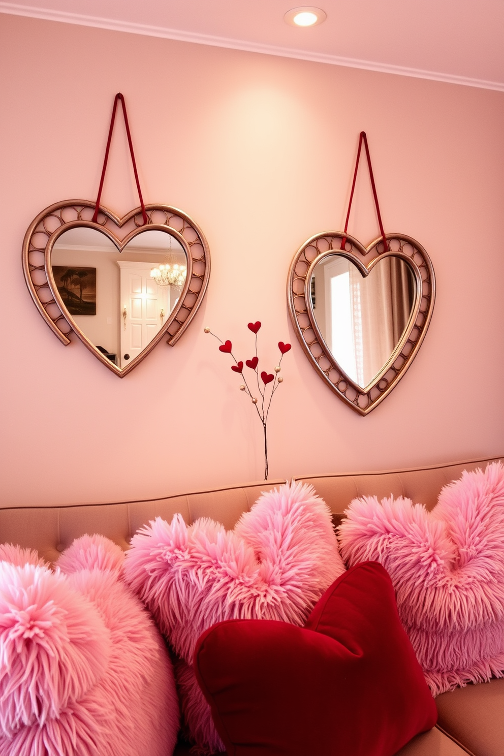 A cozy small living room adorned for Valentine's Day features heart-shaped mirrors elegantly mounted on the walls, reflecting soft, ambient lighting. The space is decorated with plush throw pillows in shades of pink and red, creating a warm and inviting atmosphere perfect for the holiday.