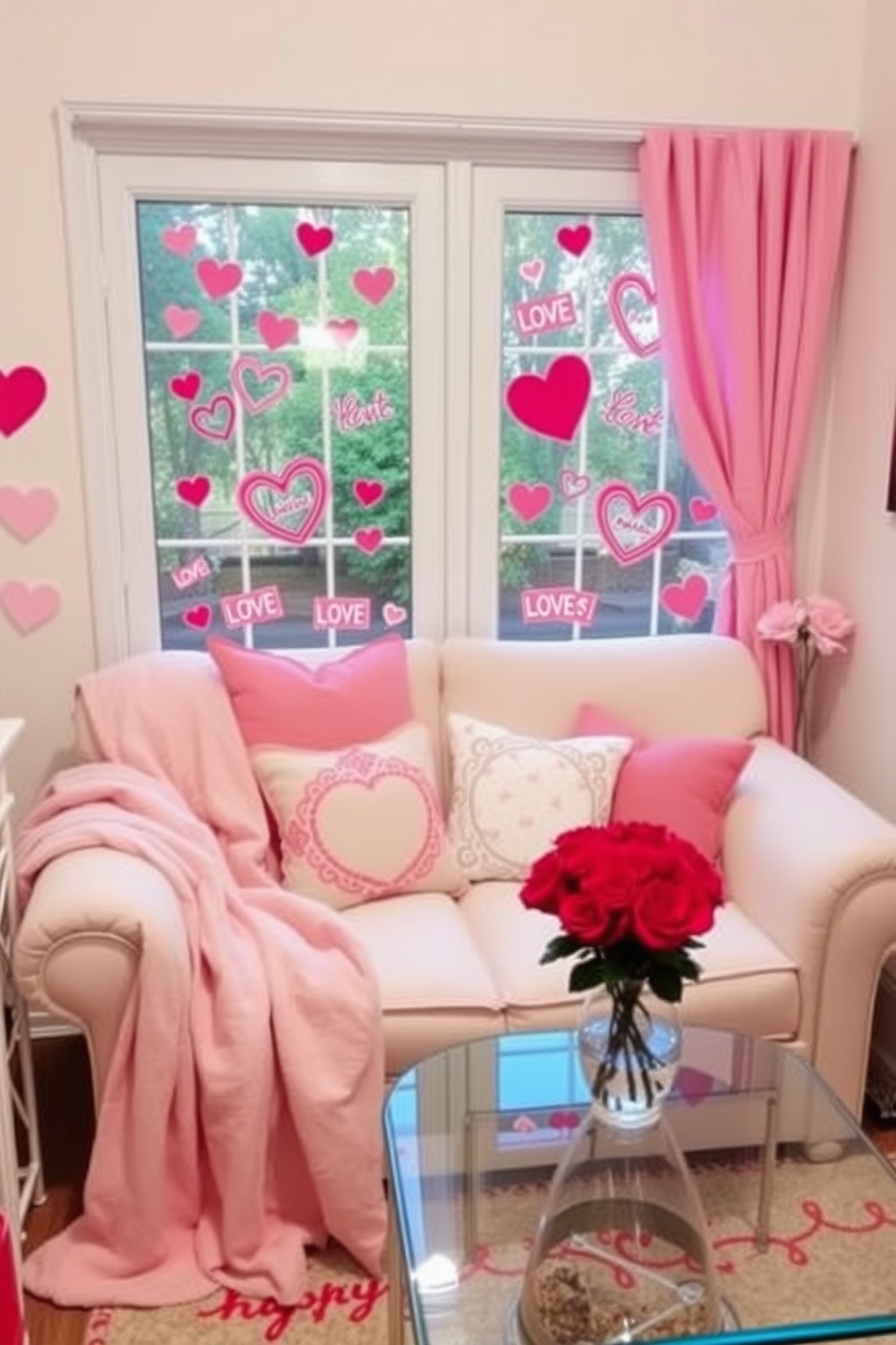 A charming small living room adorned for Valentine's Day, featuring window clings shaped like hearts and love letters. The soft pastel color palette includes pink and white accents, creating a warm and inviting atmosphere. A cozy seating area with a plush loveseat draped in a heart-patterned throw blanket invites relaxation. Decorative pillows with romantic motifs are scattered across the couch, while a small coffee table is topped with a bouquet of fresh red roses in a glass vase.