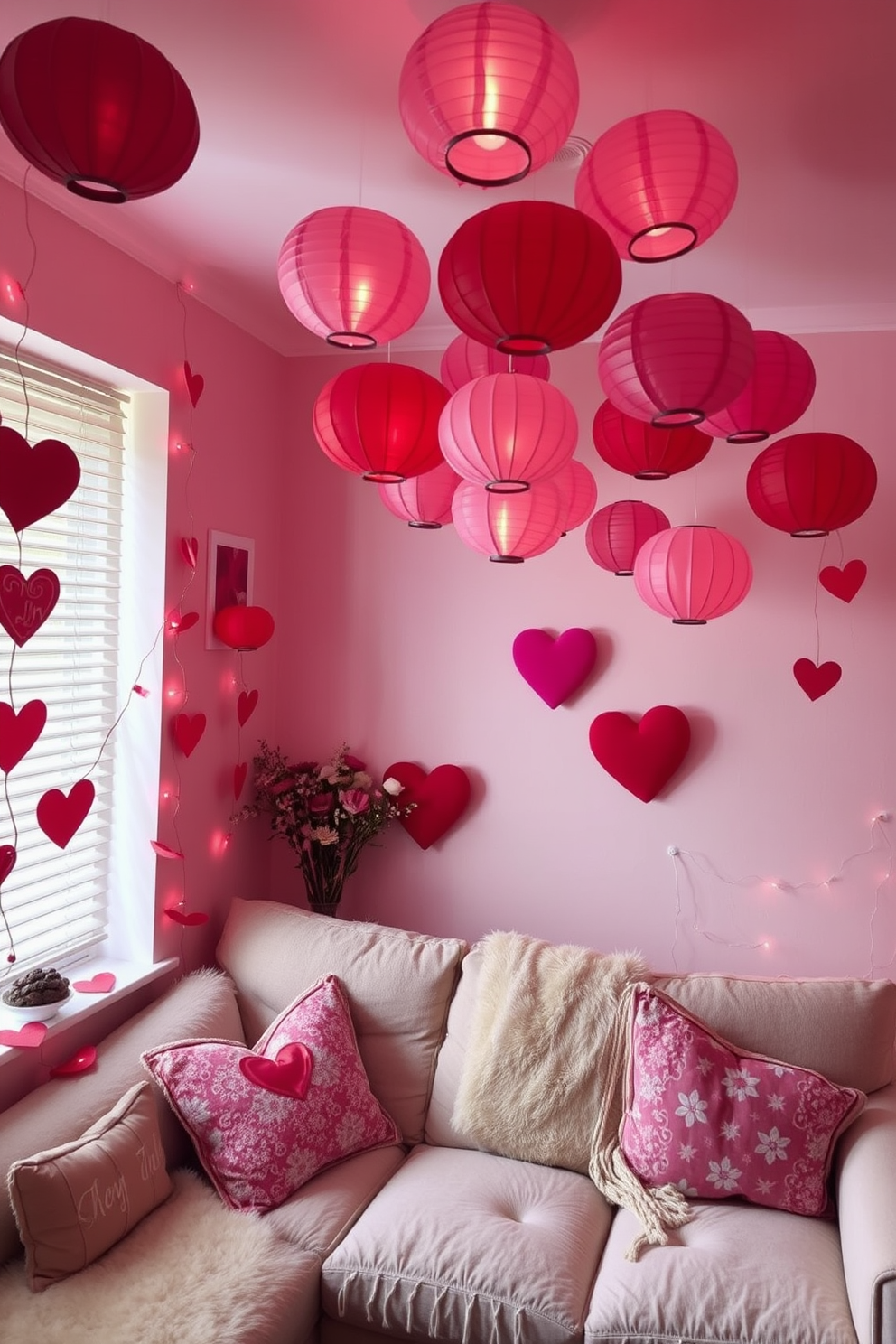 A cozy small living room adorned for Valentine's Day, featuring clusters of red and pink paper lanterns suspended from the ceiling, casting a warm glow throughout the space. The walls are painted in soft pastels, and a plush sofa is decorated with heart-patterned throw pillows, creating an inviting atmosphere perfect for the holiday.