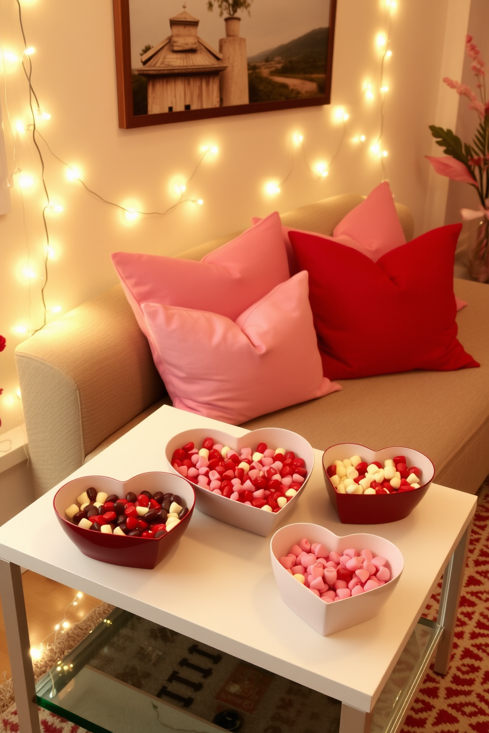 A cozy small living room decorated for Valentine's Day features heart-shaped bowls filled with an assortment of colorful candies. Soft pink and red throw pillows adorn the couch, while fairy lights create a warm and inviting atmosphere throughout the space.